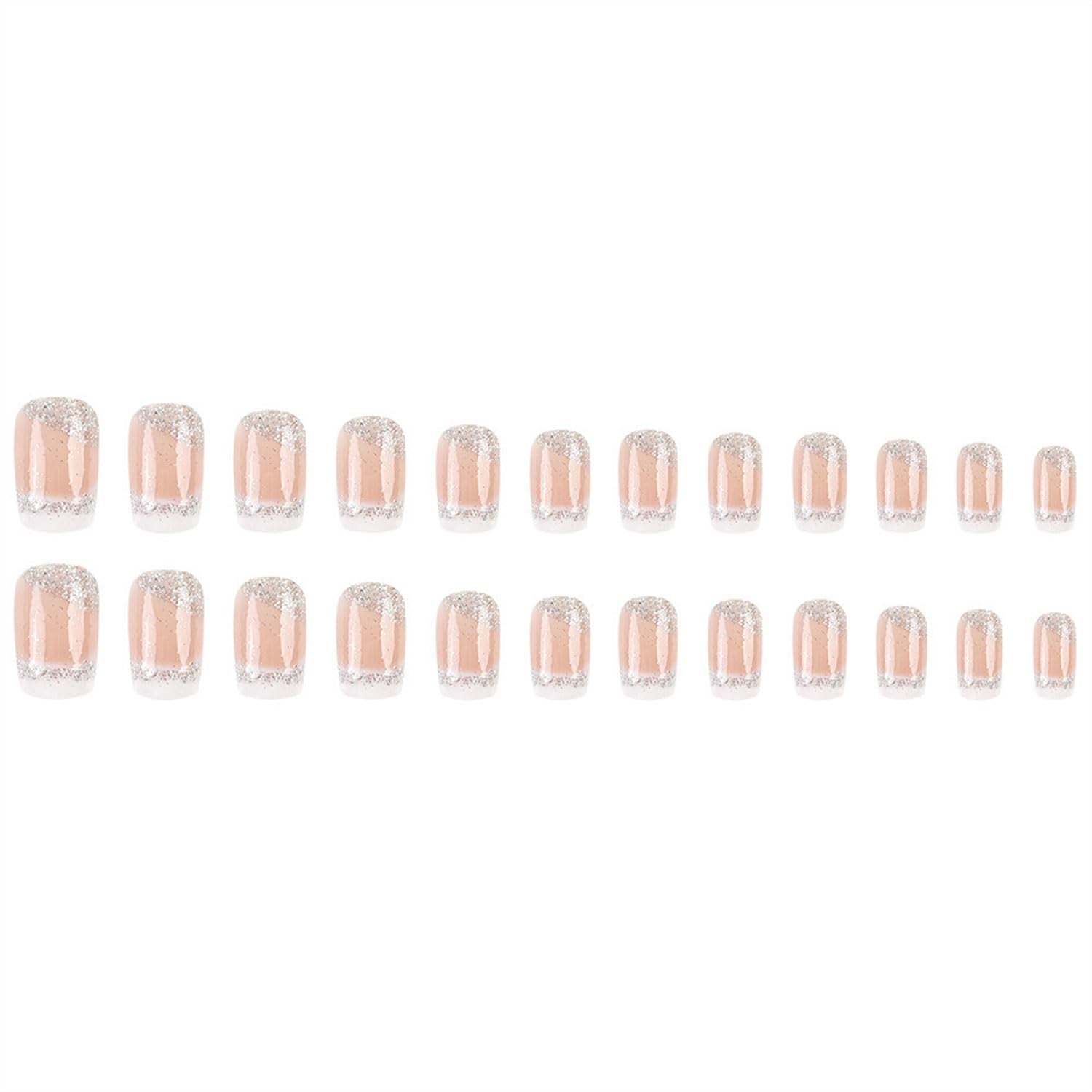 Medium Press on Nails Square Fake Nails French Tips Nails Press Ons Silver Glitter False Nail with White Ombre Designs Acrylic Glue on Nail Nude Glossy Stick on Nail for Women 24 Pcs