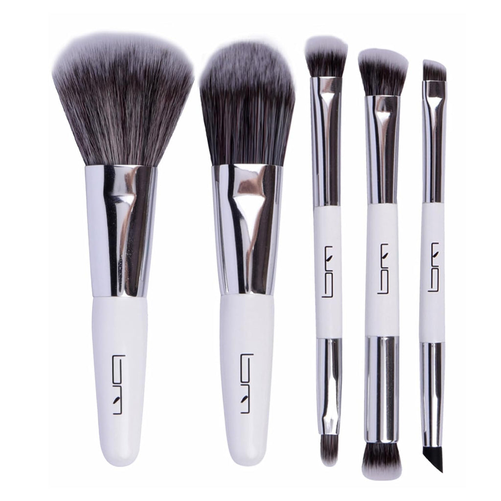 Travel Makeup Brushes Set W/Pouch, 5PCS Double Ended Portable Mini Cosmetic Brushes Kit for Foundation, Eyeshadow, Lip, Blush Make up Brushes Professional(White)