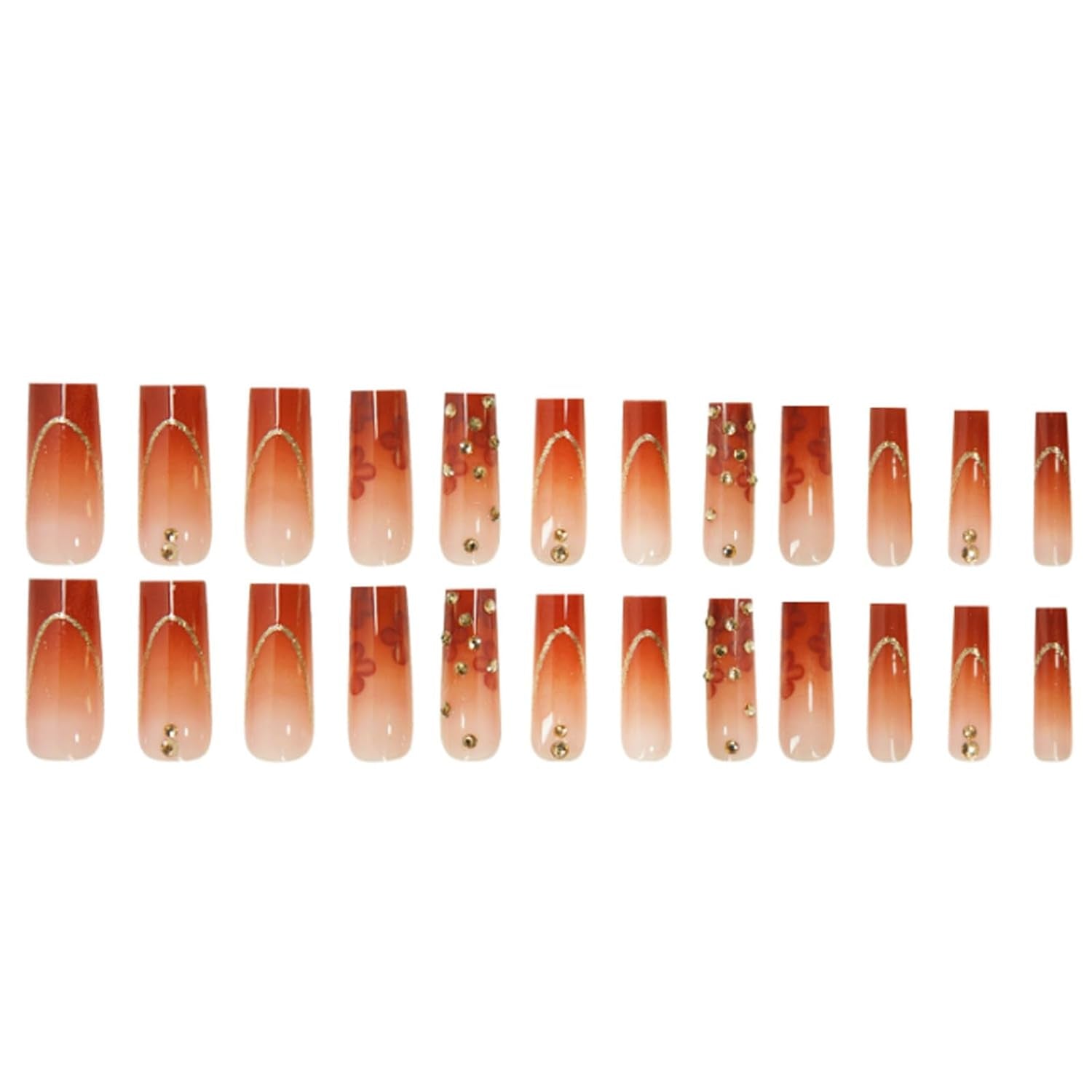 Gradient Press on Nails Medium Brown Fake Nails Tips Full Cover Square False Flower Nails for Women and Girls 24PCS