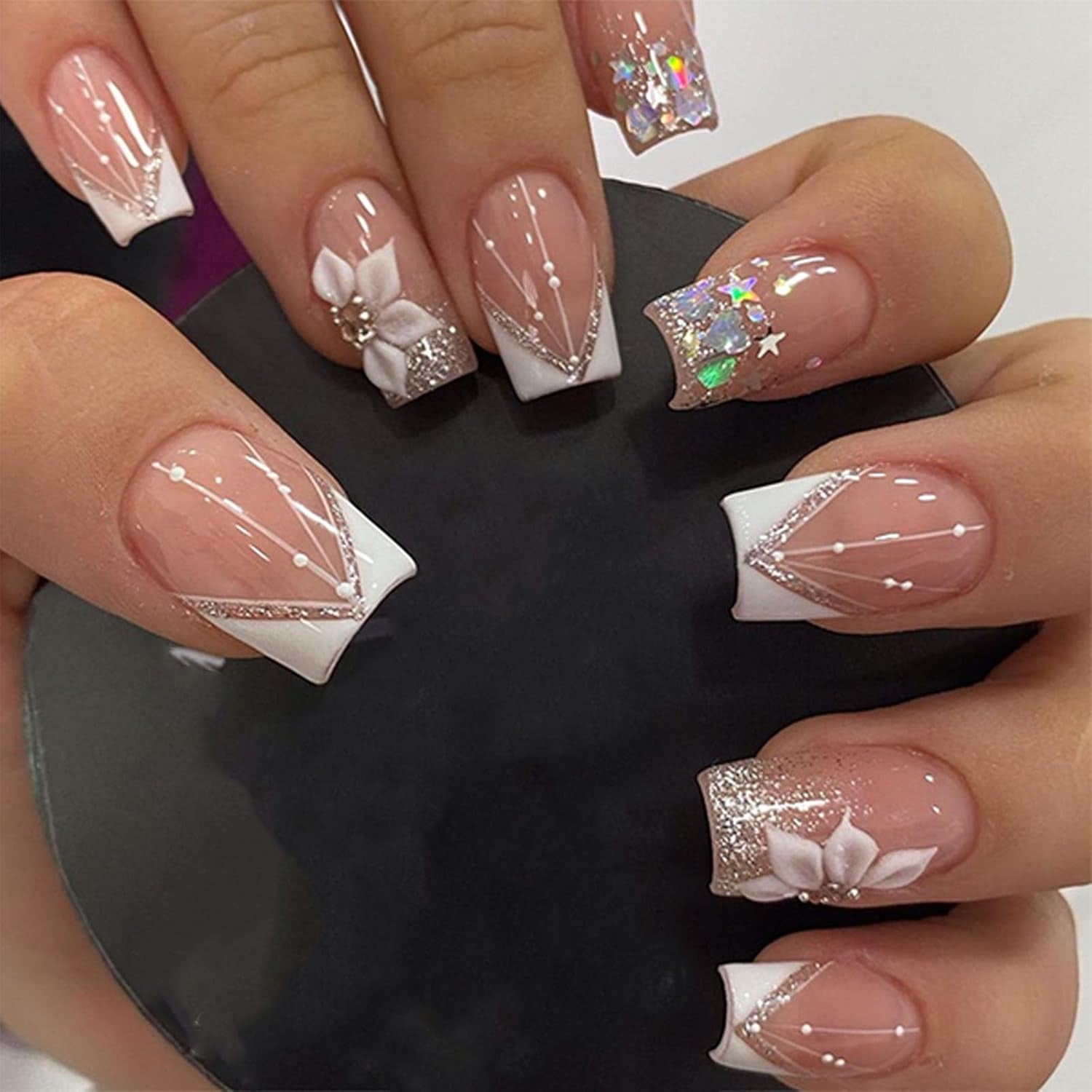 Press-On Nails: White French Tips, Glossy False Nails, Bling Glitter, Full Cover Flower Design, Gel Glue On, Acrylic Nails for Women & Girls