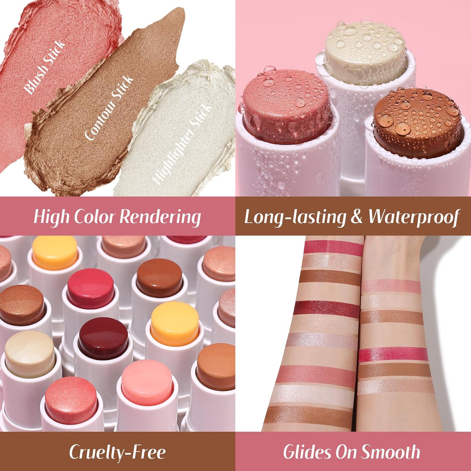 Face Sticks Trio, Cream Blush Stick & Highlighter Stick & Contour Stick for Sculpt the Cheeks, Long Lasting Cream Contour Stick Trio for Face Makeup, with Brush