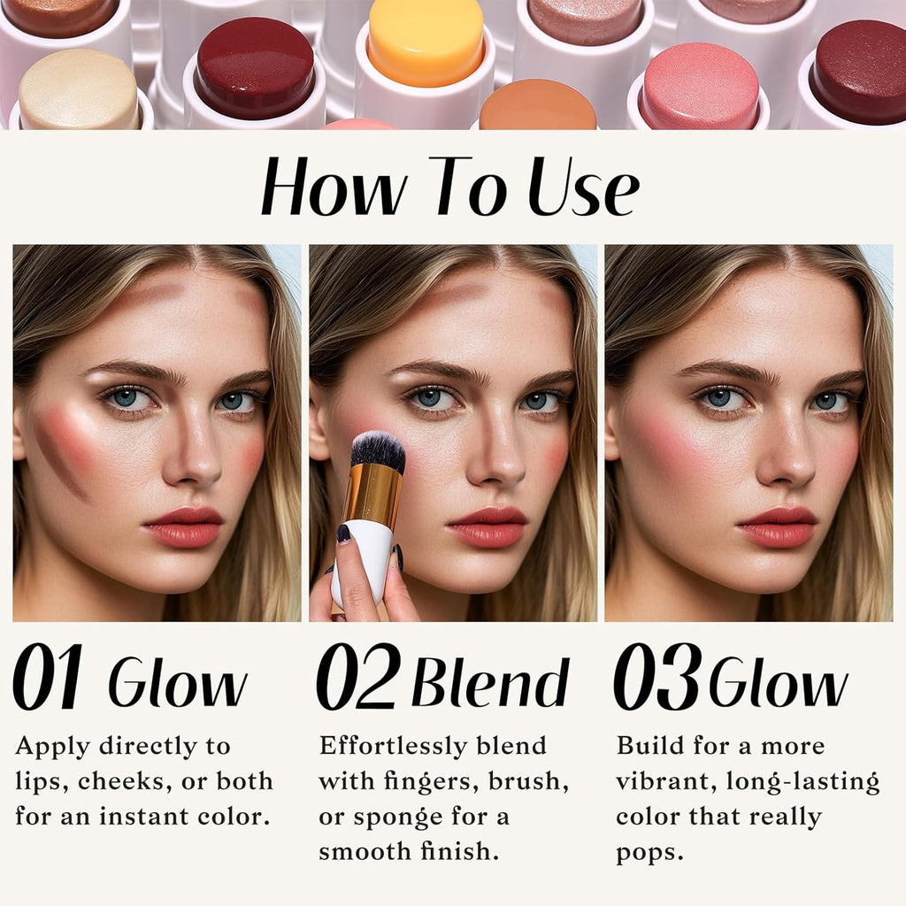 Face Sticks Trio, Cream Blush Stick & Highlighter Stick & Contour Stick for Sculpt the Cheeks, Long Lasting Cream Contour Stick Trio for Face Makeup, with Brush