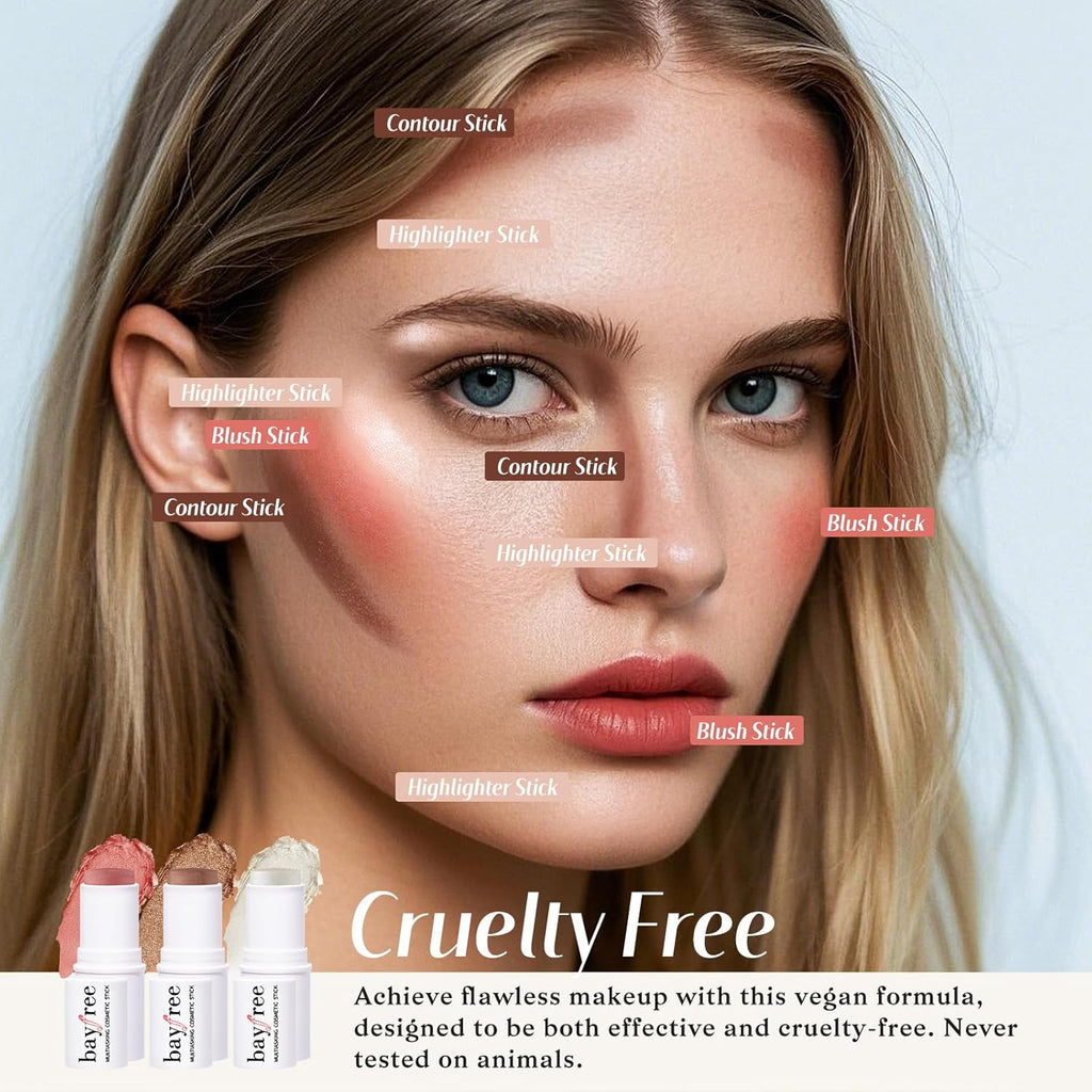 Face Sticks Trio, Cream Blush Stick & Highlighter Stick & Contour Stick for Sculpt the Cheeks, Long Lasting Cream Contour Stick Trio for Face Makeup, with Brush