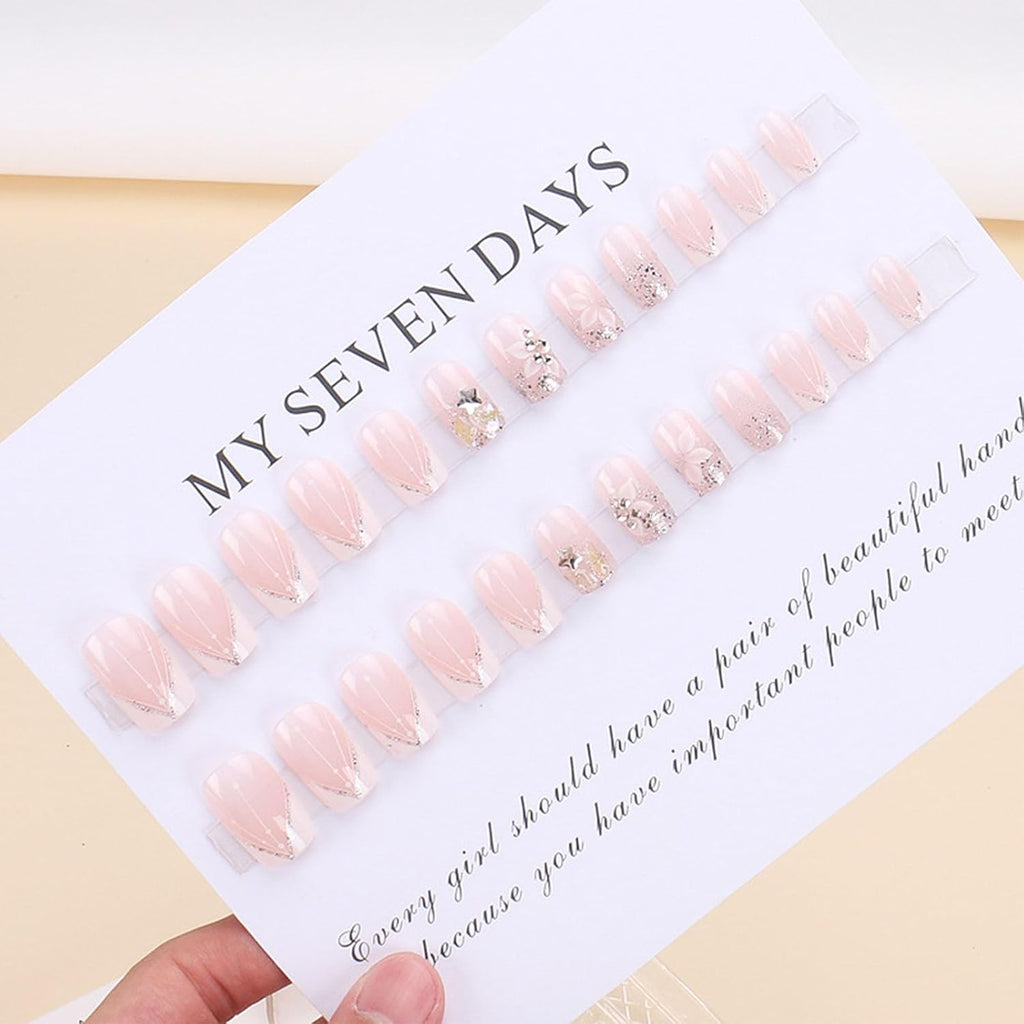 Press-On Nails: White French Tips, Glossy False Nails, Bling Glitter, Full Cover Flower Design, Gel Glue On, Acrylic Nails for Women & Girls