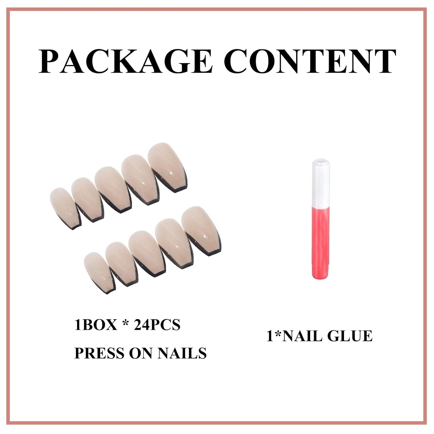 Coffin Press-On Nails Medium -Black French Tip Ballerina Acrylic Nails Natural Glossy Glue-Ons 24Pcs