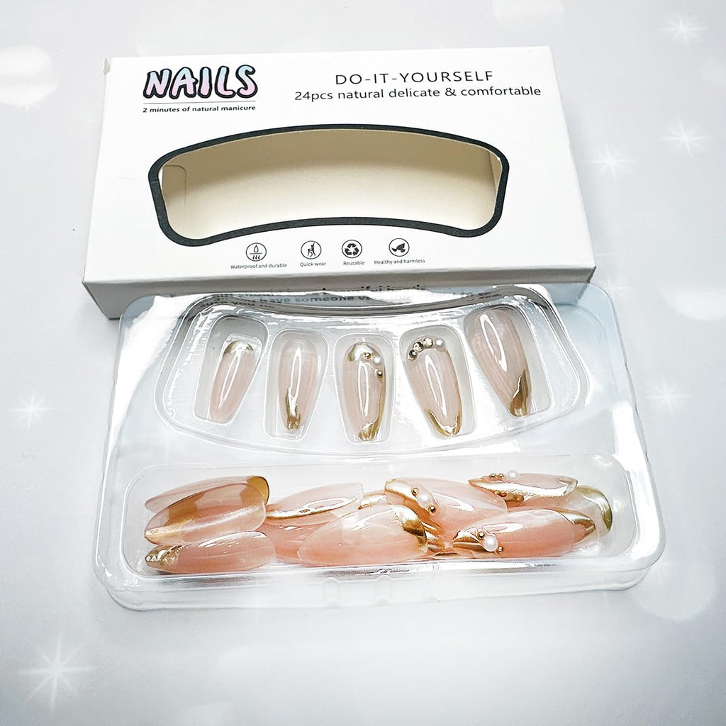 24Pcs French Tip Press on Nails Medium Almond Fake Nails with Pearls Rhinestones Design Gold French Line False Nails Full Cover Glue on Nails Glossy Artificial Nails for Women Girl Nail Decoration