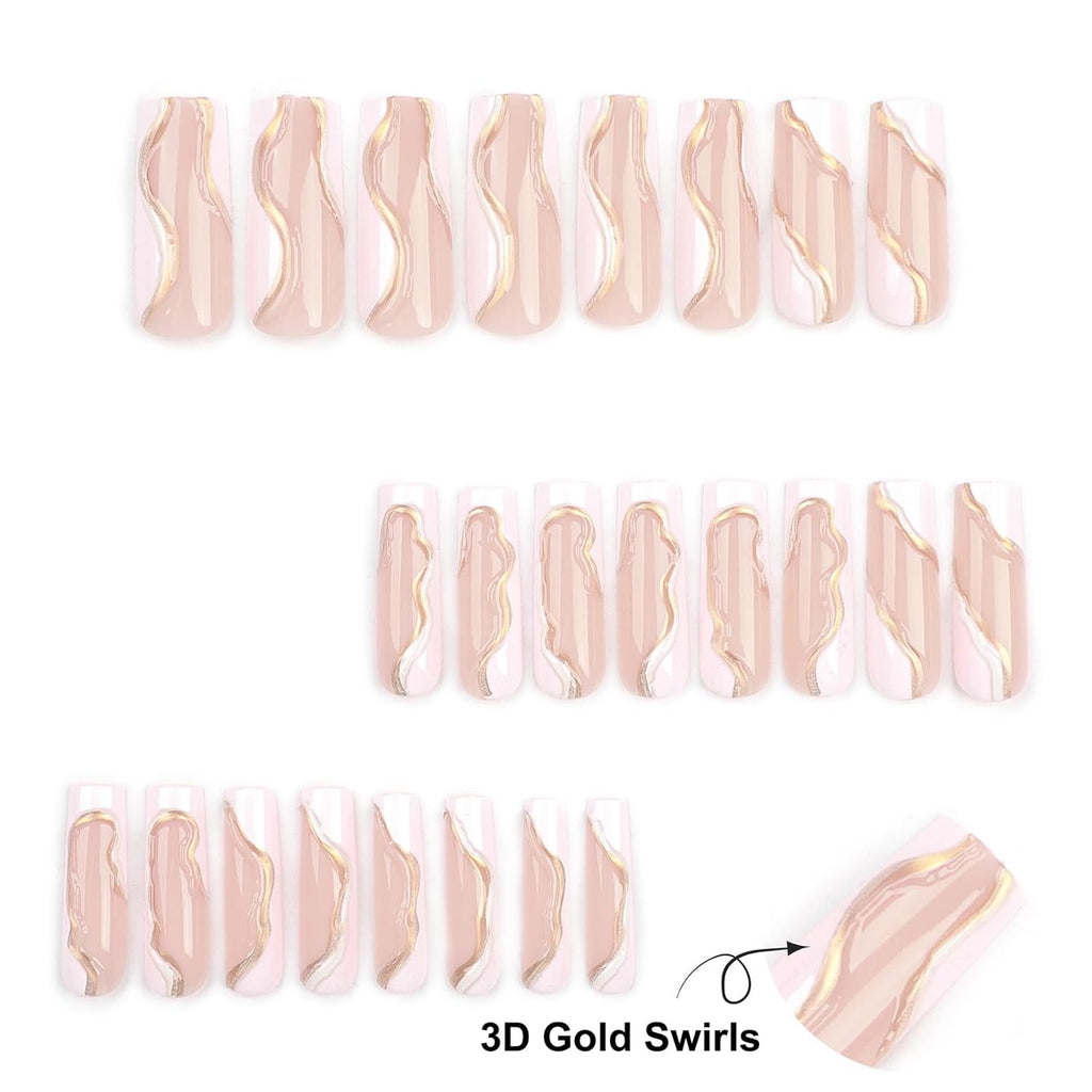Press on Nails Extra Long -  Square Press on Nails with 3D Gold Swirls, White and Nude Fake Nails with Glue Sticker, Handmade Stick on Nails False Nail in 12 Sizes, 24Pcs