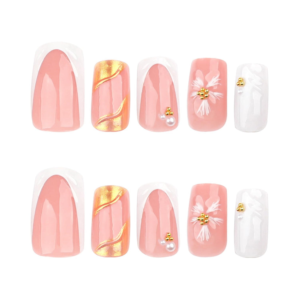Spring French Press on Nails Medium Square White Fake Nails 3D Pink Flower Nail Press Ons with Gold Pearl Design Gold Nail Tip False Nails Summer Stick on Nails Full Cover Glue on Nail for Women