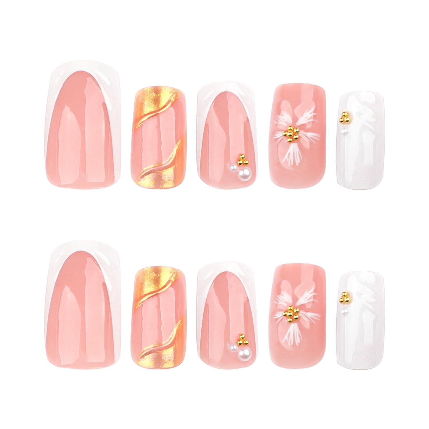 Spring French Press on Nails Medium Square White Fake Nails 3D Pink Flower Nail Press Ons with Gold Pearl Design Gold Nail Tip False Nails Summer Stick on Nails Full Cover Glue on Nail for Women