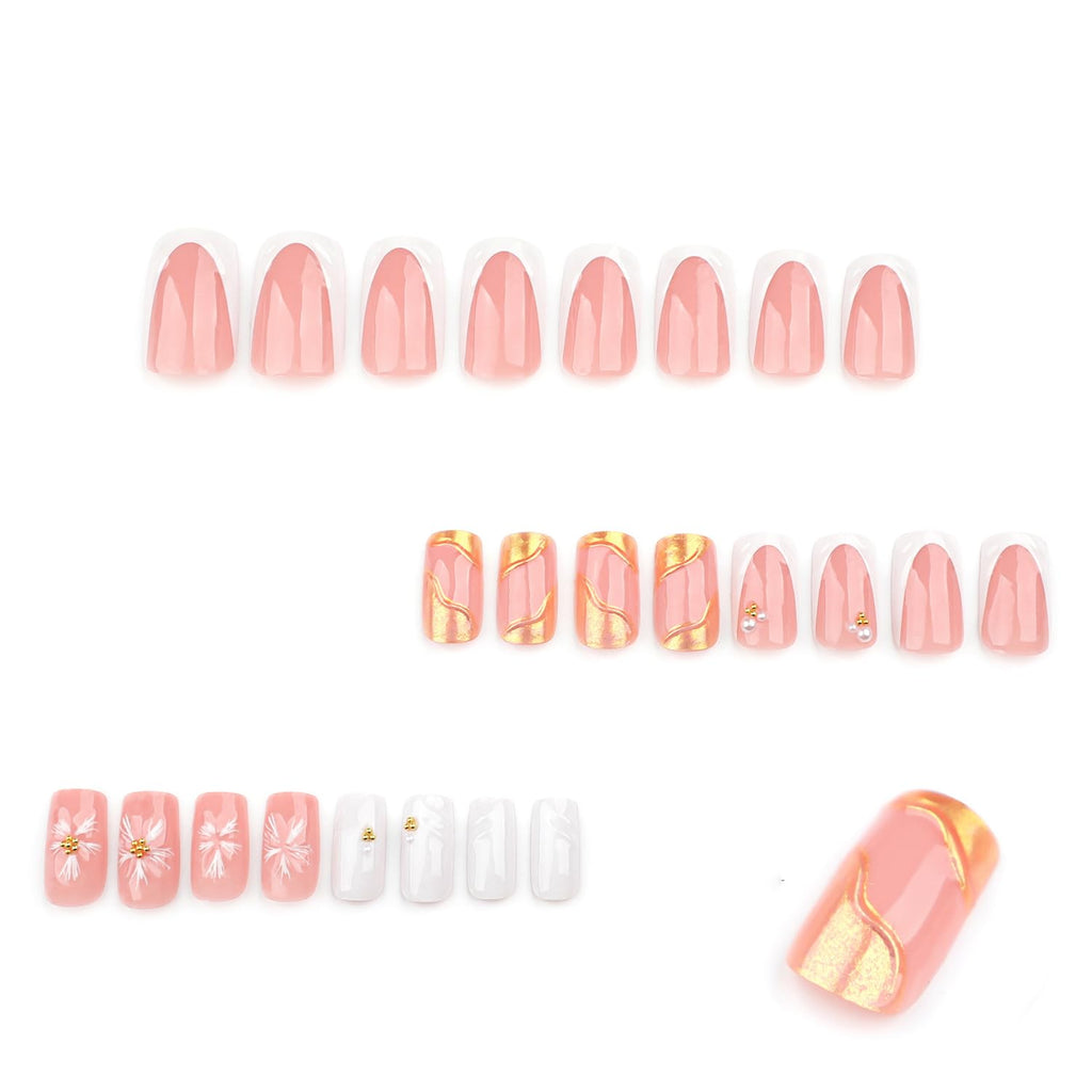 Spring French Press on Nails Medium Square White Fake Nails 3D Pink Flower Nail Press Ons with Gold Pearl Design Gold Nail Tip False Nails Summer Stick on Nails Full Cover Glue on Nail for Women