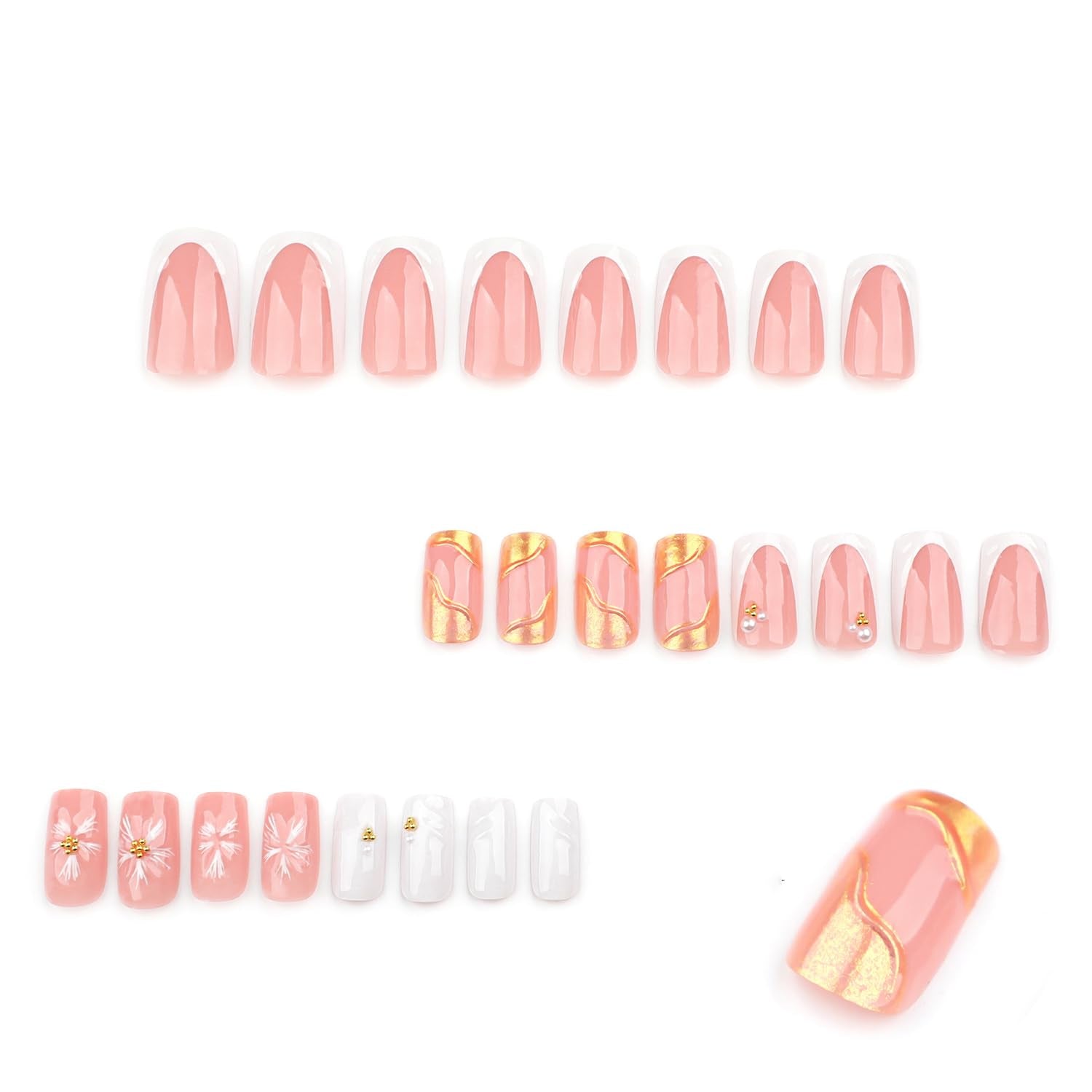 Spring French Press on Nails Medium Square White Fake Nails 3D Pink Flower Nail Press Ons with Gold Pearl Design Gold Nail Tip False Nails Summer Stick on Nails Full Cover Glue on Nail for Women