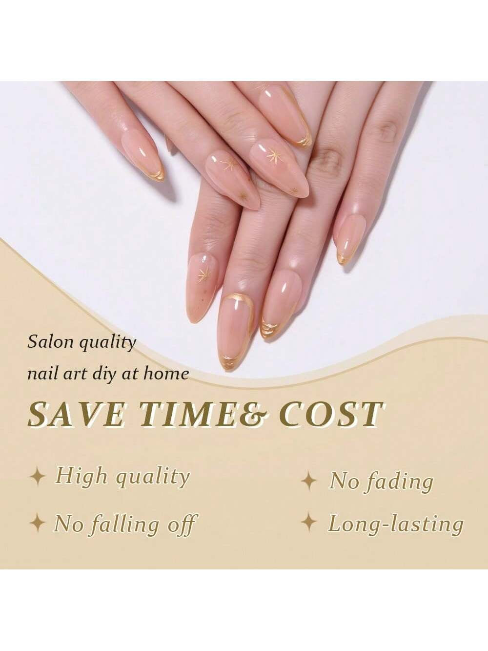 Gold French Tip Press-On Nails, Medium Almond Color, 3D Line Star French Tip Patch Nails, Designer Reusable Nails Press-On Nails, Women'S Daily Wear False Nails, French Gold European and American Wear-On Nails, Short Wear-On Nails, 24 Pieces