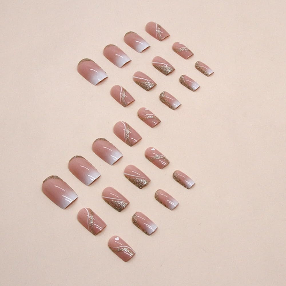 24 Pcs Nude Pink Press on Nails Medium Square -  Glitter Fake Nails with Gold Swirl Designs Glue on Nails for Women Full Cover Glitter Sequins Acrylic Artificial False Glue on Nail for Festival