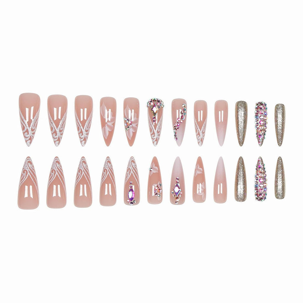 Press on Nails - Long Stiletto Fake Nails with Bling Glitter, Acrylic Luxury Rhinestone Design 24 Pcs