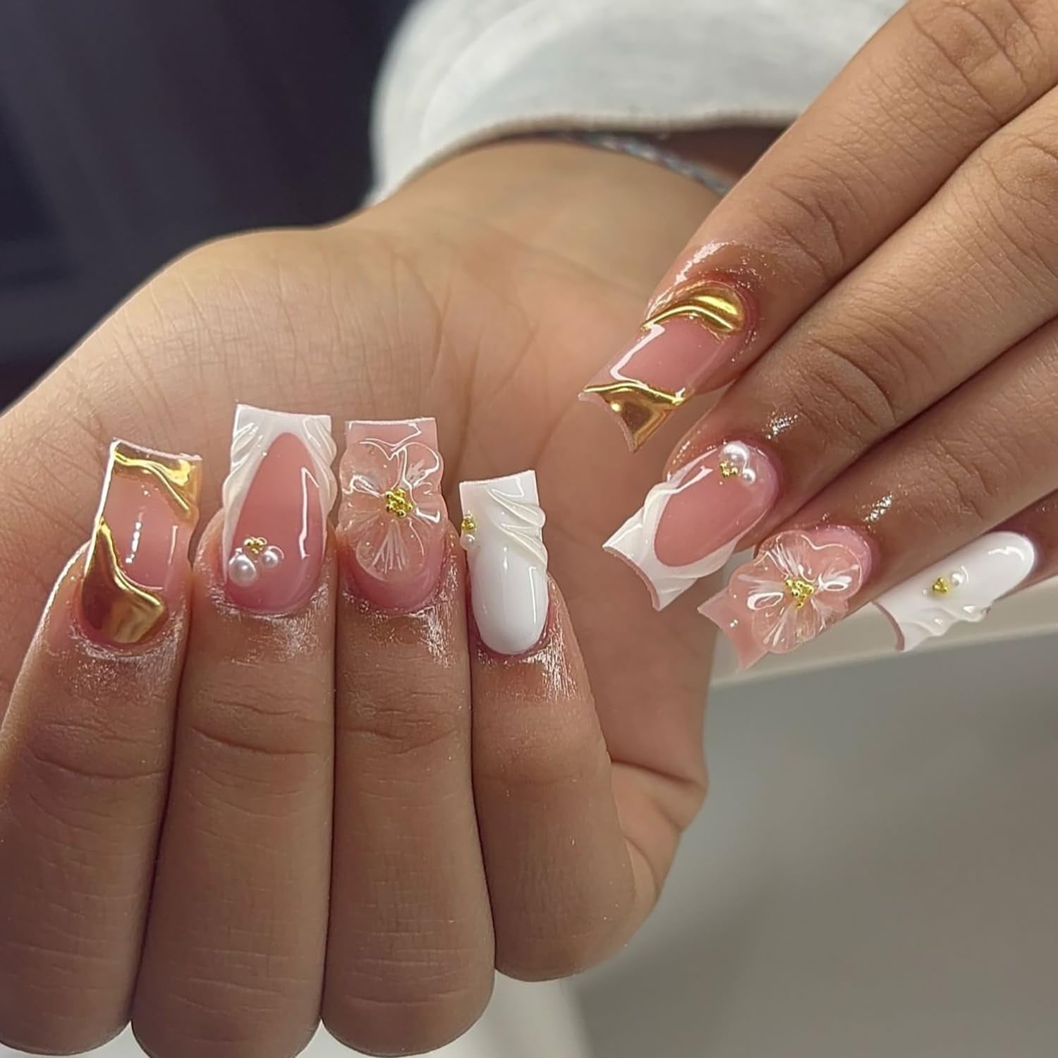 Spring French Press on Nails Medium Square White Fake Nails 3D Pink Flower Nail Press Ons with Gold Pearl Design Gold Nail Tip False Nails Summer Stick on Nails Full Cover Glue on Nail for Women