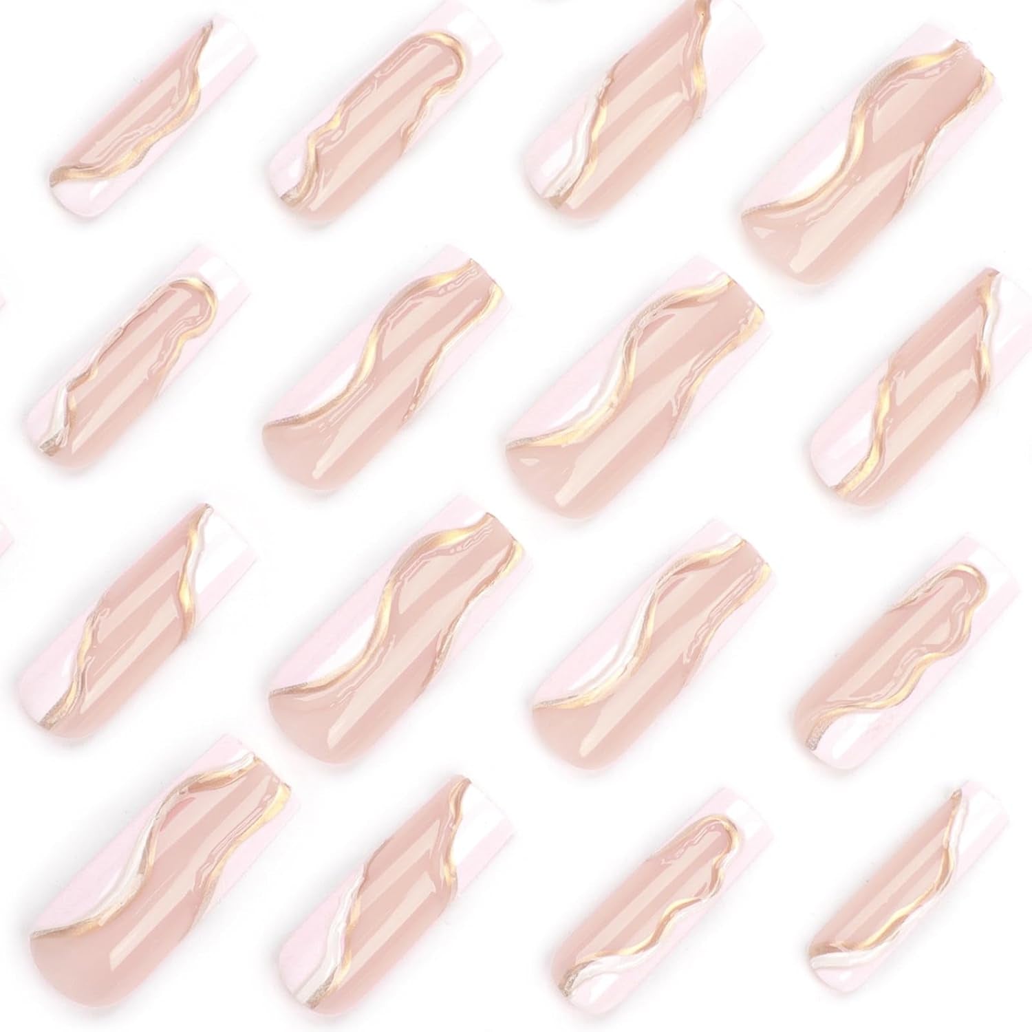 Press on Nails Extra Long -  Square Press on Nails with 3D Gold Swirls, White and Nude Fake Nails with Glue Sticker, Handmade Stick on Nails False Nail in 12 Sizes, 24Pcs