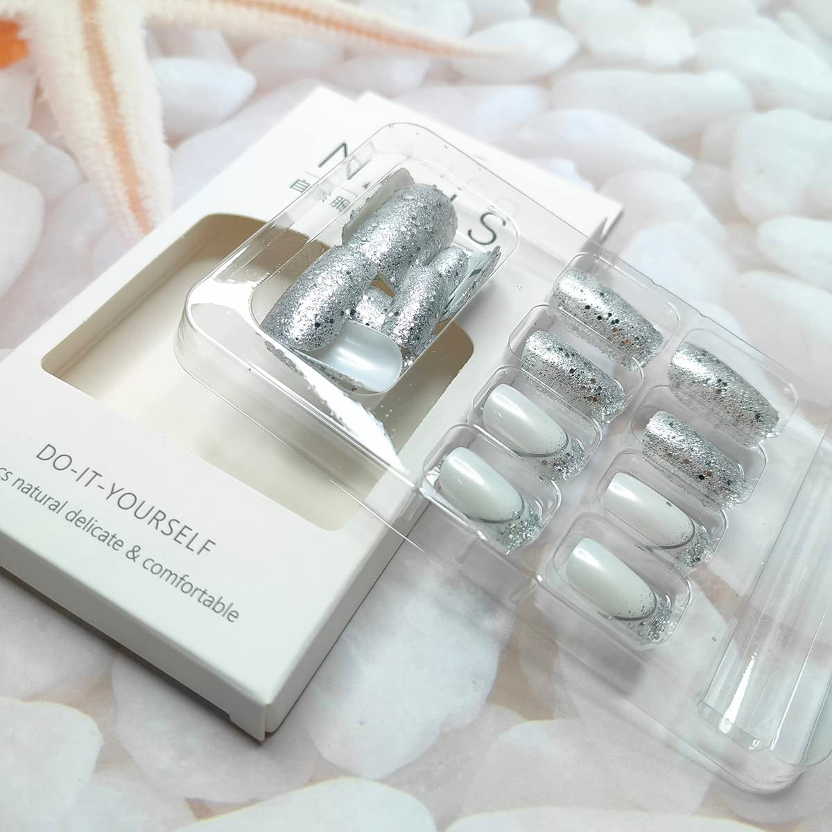 24 Pcs French Tip Press on Nails - Medium Square, Silver Glitter, Full Cover, Bling Sequins, Fake Nails - DIY