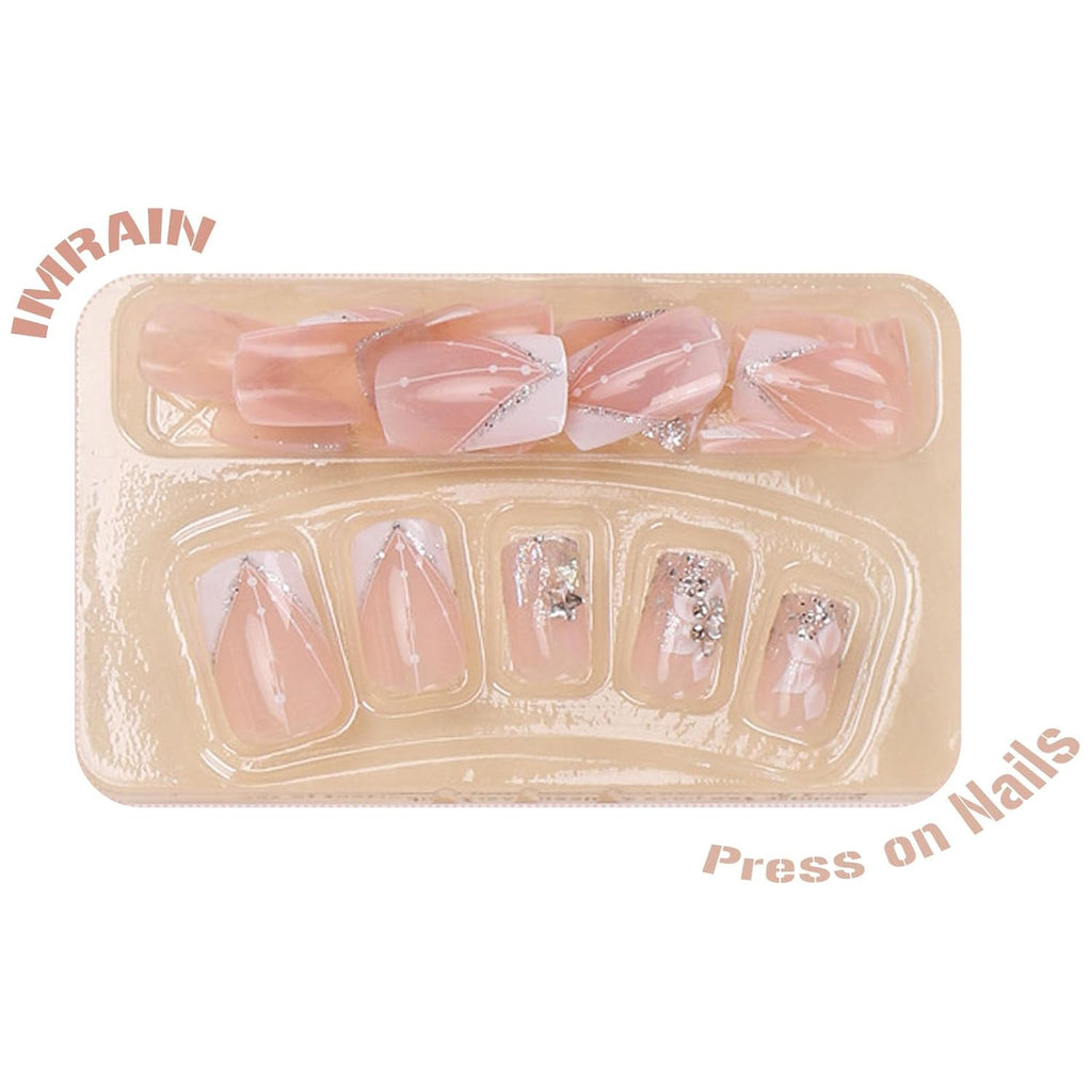 Press-On Nails: White French Tips, Glossy False Nails, Bling Glitter, Full Cover Flower Design, Gel Glue On, Acrylic Nails for Women & Girls