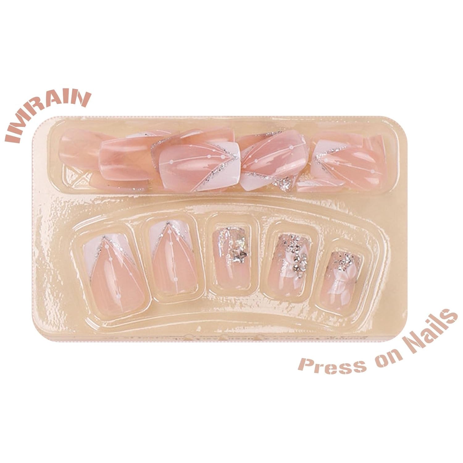 Press-On Nails: White French Tips, Glossy False Nails, Bling Glitter, Full Cover Flower Design, Gel Glue On, Acrylic Nails for Women & Girls