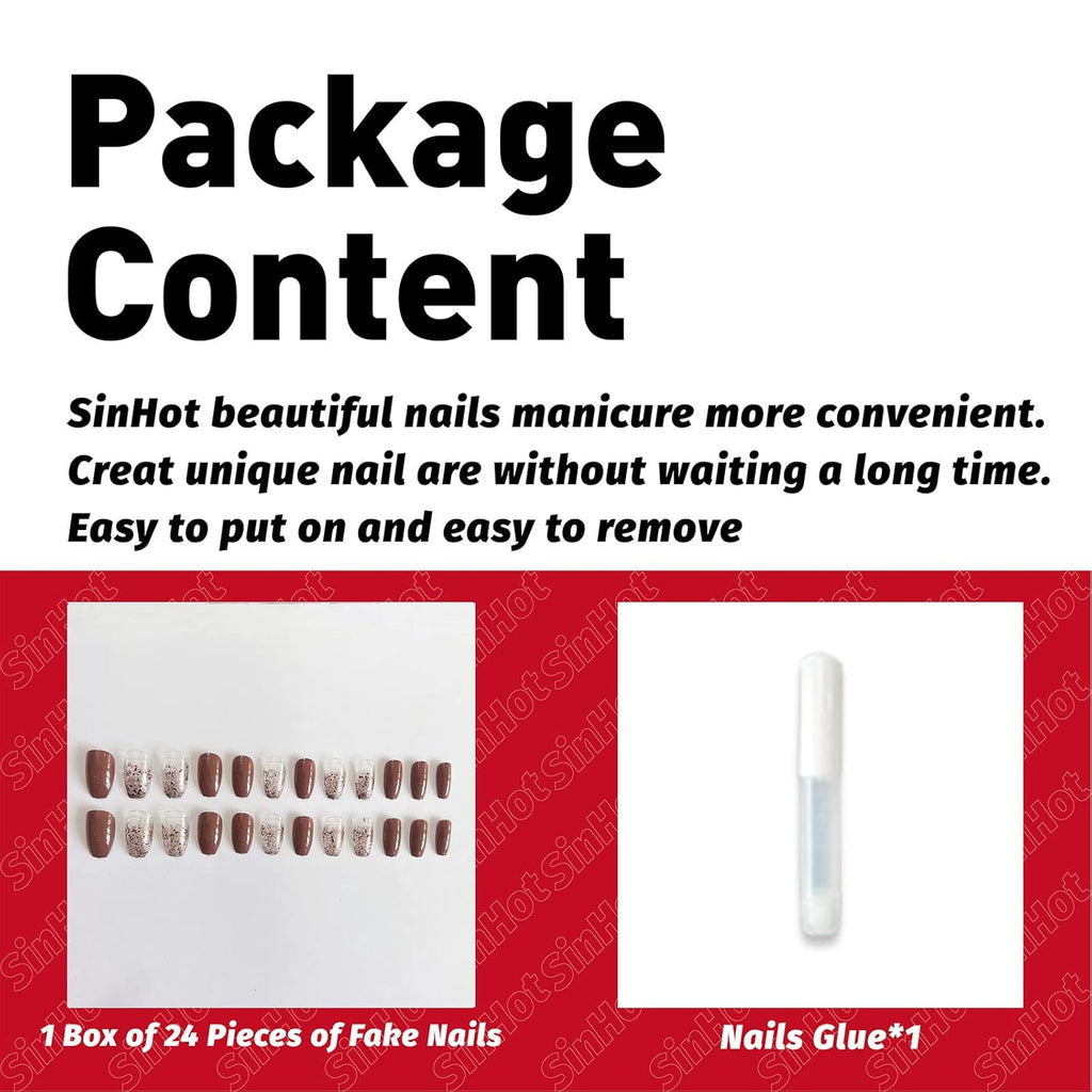 Coffin Press on Nails Medium Ballerina Glossy Glue on Nails Brown Gradient Acrylic False Nails Designs 24 Pcs