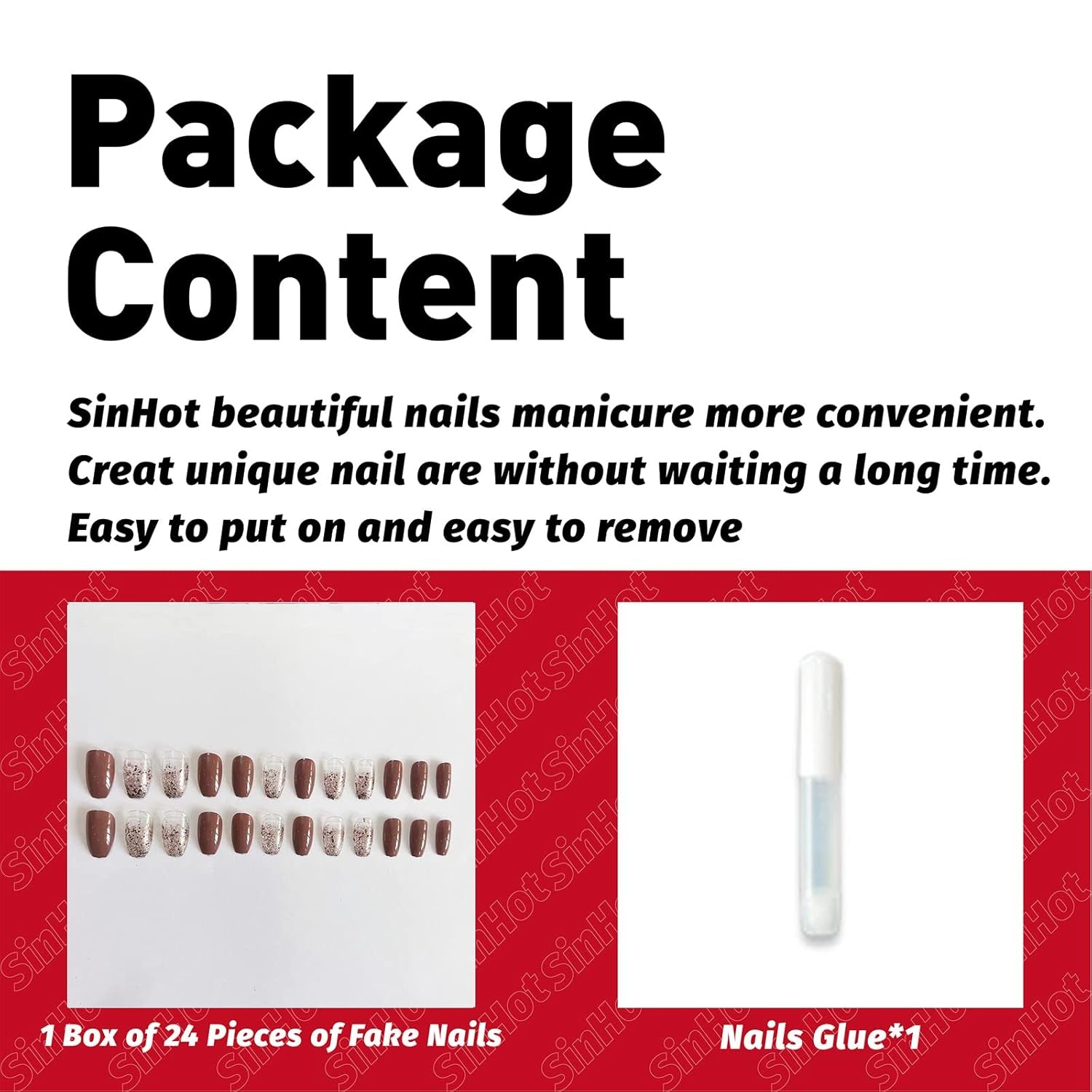 Coffin Press on Nails Medium Ballerina Glossy Glue on Nails Brown Gradient Acrylic False Nails Designs 24 Pcs