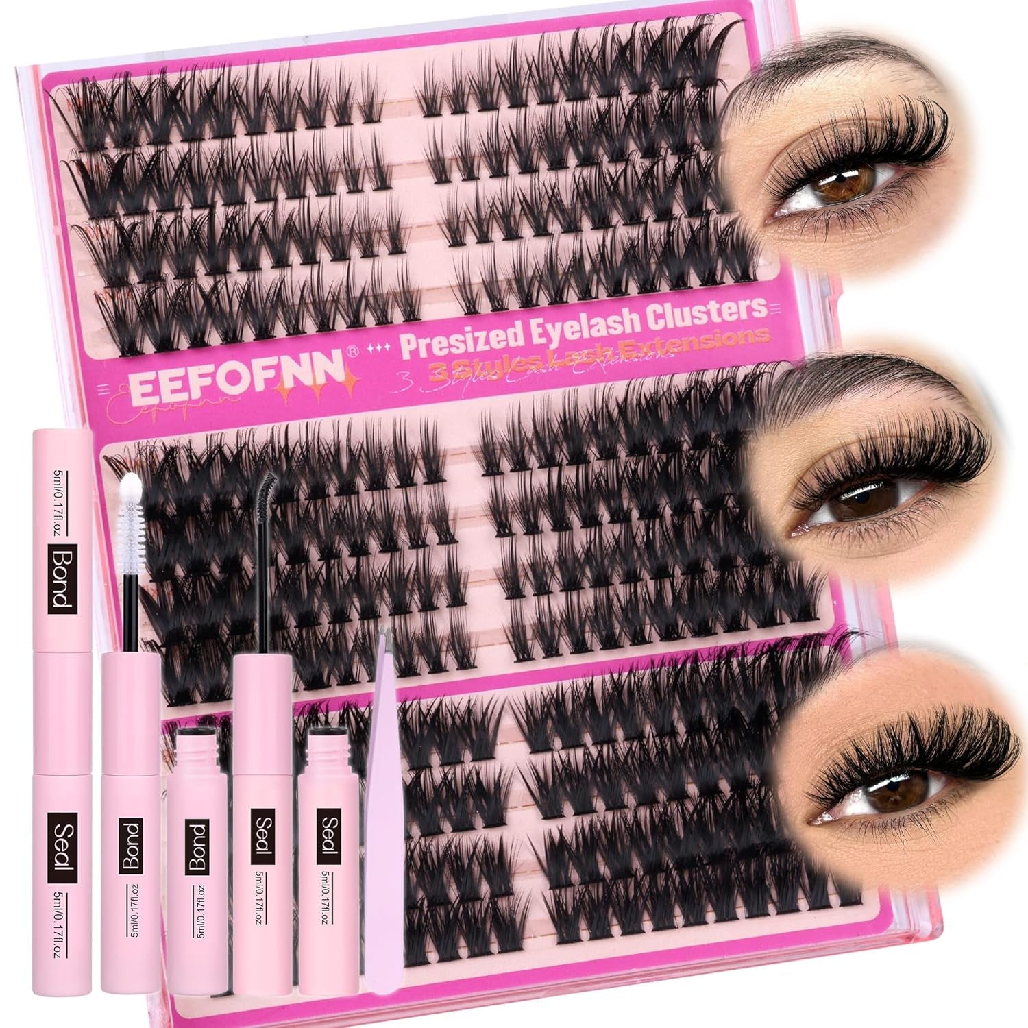 Lash Clusters Kit Wispy Cluster Eyelash Extensions Kit Left Right Cat Eye Lashes Bond and Seal Lash Tweezers D-Curly Volume Eyelash Clusters Kit Mixed Styles Full Individual Lashes Kit