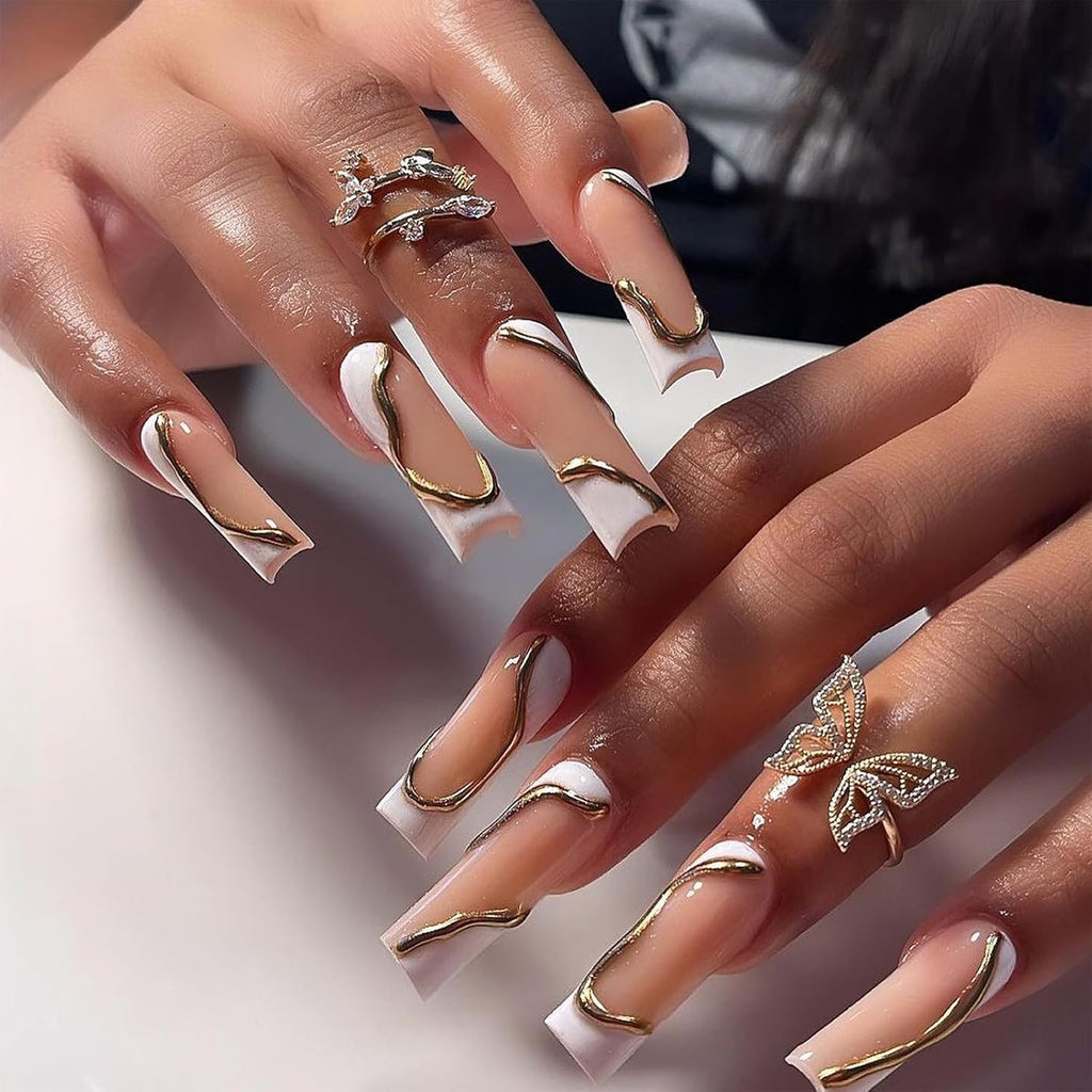 Press on Nails Extra Long -  Square Press on Nails with 3D Gold Swirls, White and Nude Fake Nails with Glue Sticker, Handmade Stick on Nails False Nail in 12 Sizes, 24Pcs
