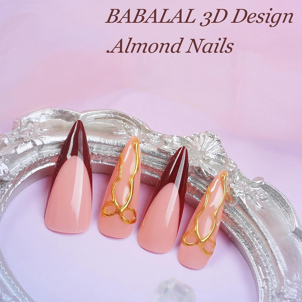 Press on Nails Fake Nails Long Stiletto, Red Gold, Glue on Almond Acrylic, 3D Texture Bow Design 24Pcs Manicure French Tip False Gel Nails Handmade Christmas