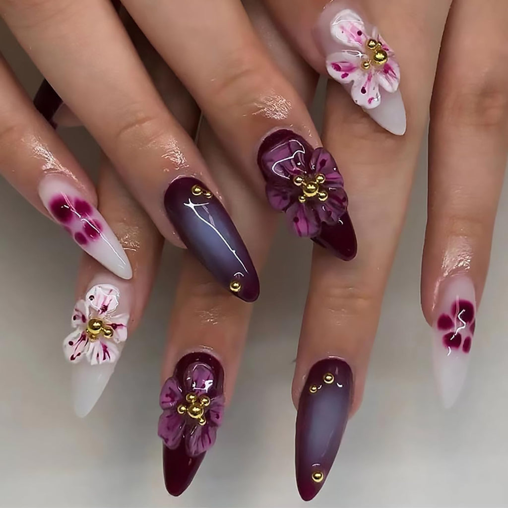 3D Flowers Press on Nails - Short Almond Fake Nails with Gold Pearls, Cat Claws Designs, Gradient False Nails - Full Cover Stick on Nails - 30Pcs