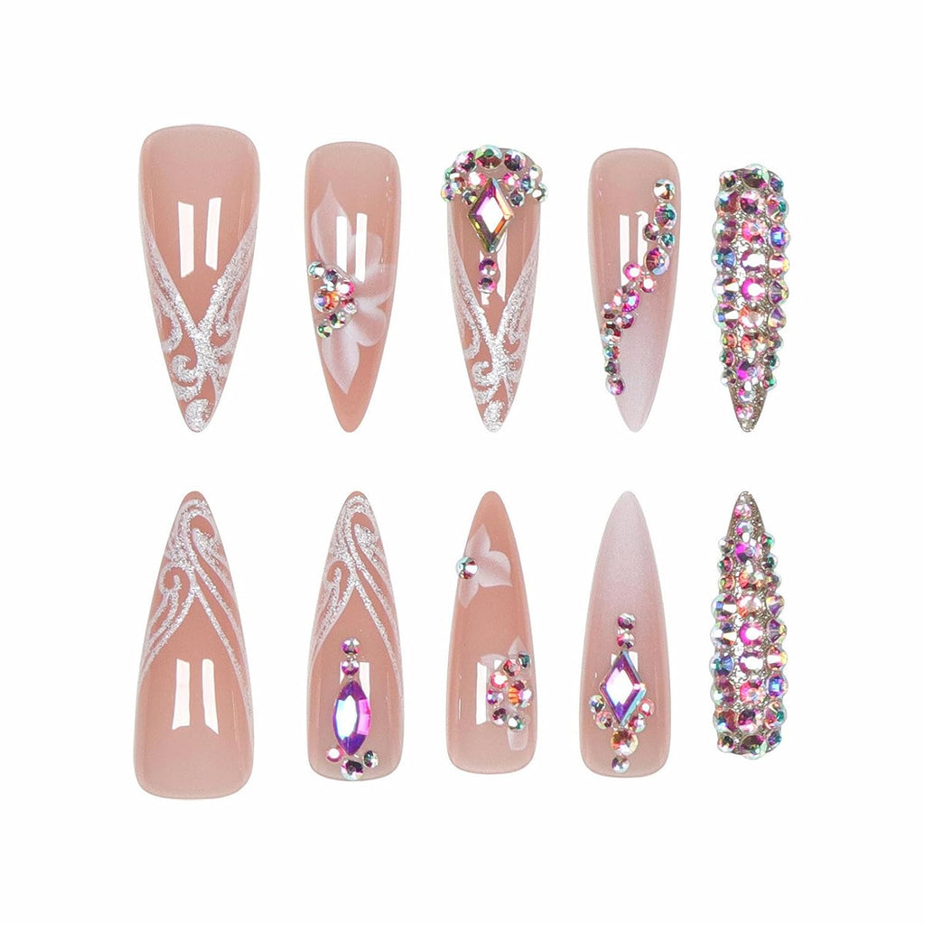 Press on Nails - Long Stiletto Fake Nails with Bling Glitter, Acrylic Luxury Rhinestone Design 24 Pcs