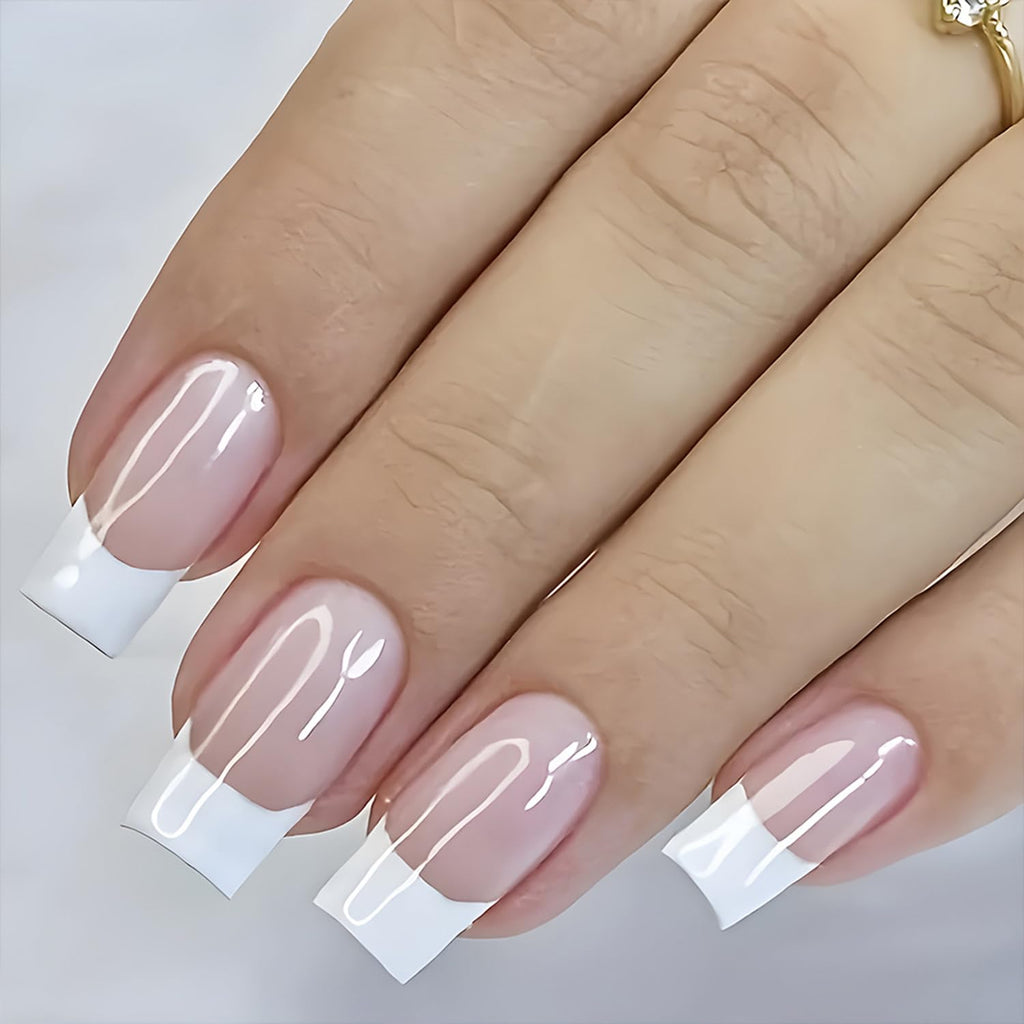 White French Tip Press on Nails Square Fake Nails Medium Length Nude Pink French Acrylic Full Cover Glossy Glue on Nails French Tip Nails False Nails Reusable Stick on Nails for Women Girls 24PCS