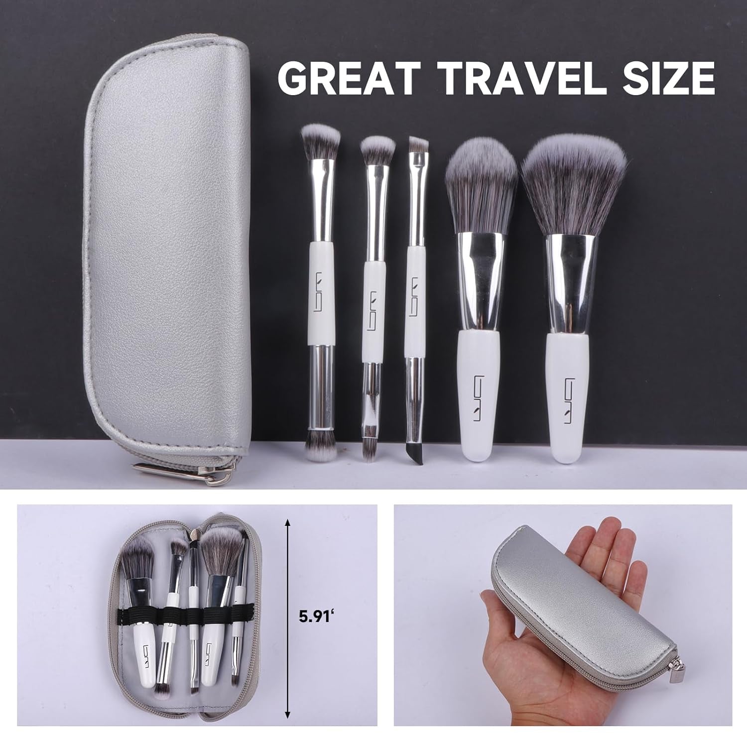 Travel Makeup Brushes Set W/Pouch, 5PCS Double Ended Portable Mini Cosmetic Brushes Kit for Foundation, Eyeshadow, Lip, Blush Make up Brushes Professional(White)