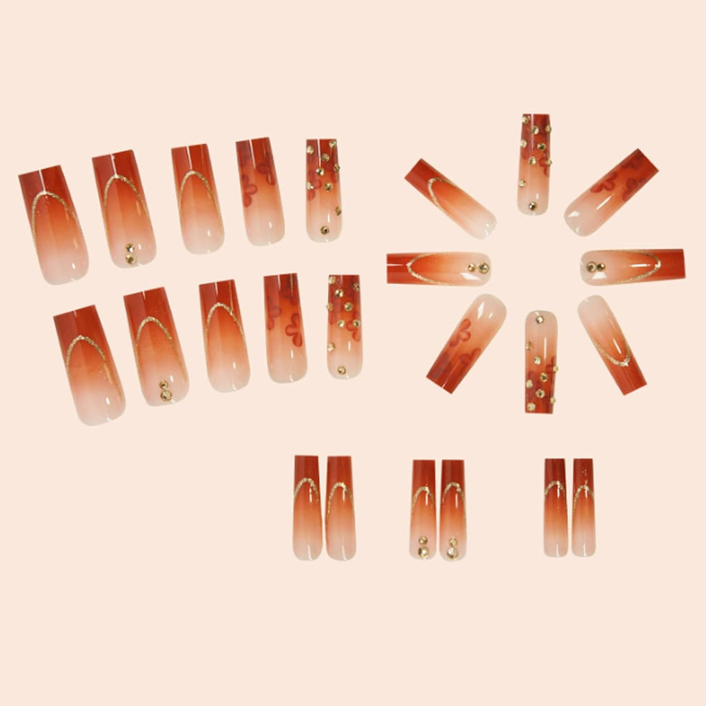 Gradient Press on Nails Medium Brown Fake Nails Tips Full Cover Square False Flower Nails for Women and Girls 24PCS