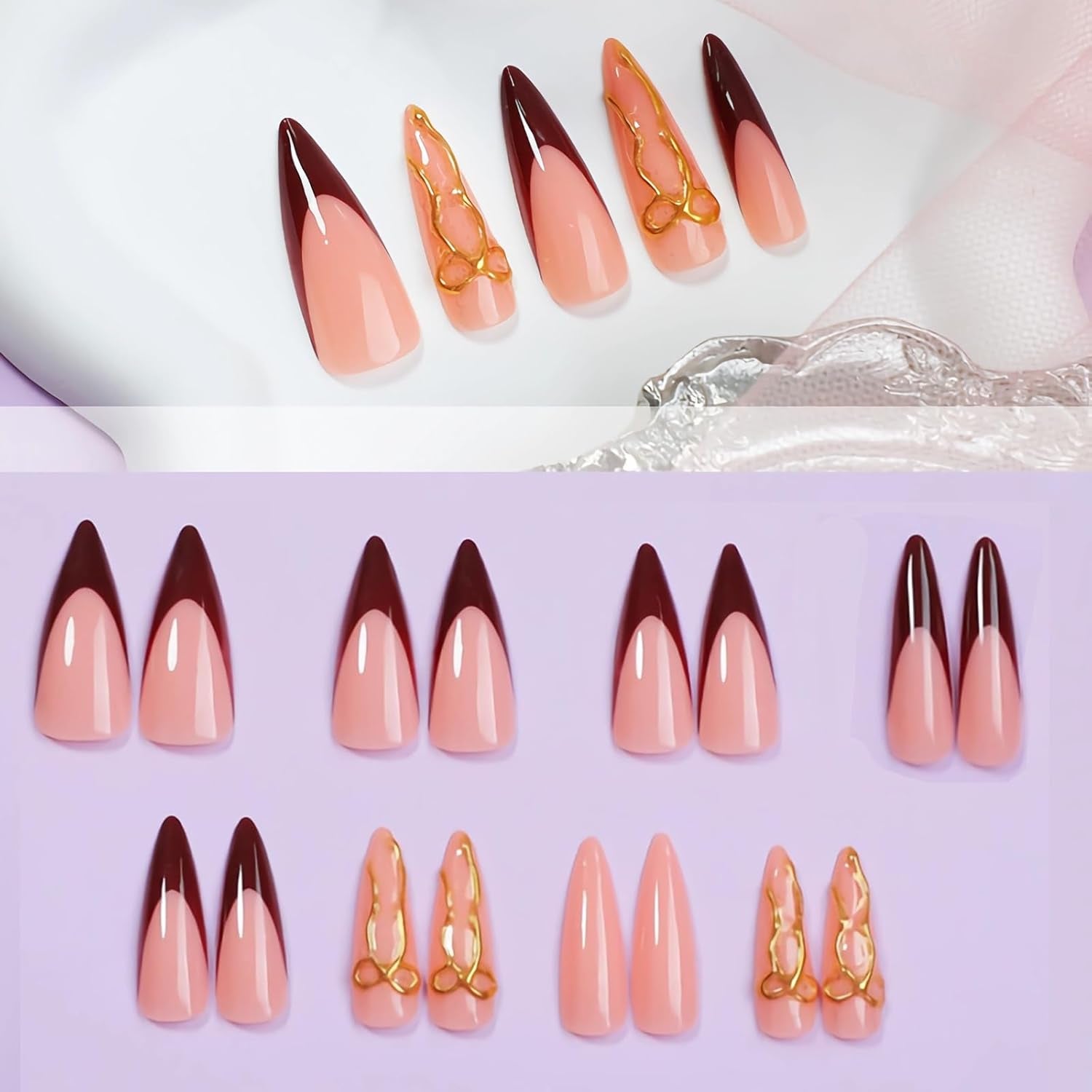 Press on Nails Fake Nails Long Stiletto, Red Gold, Glue on Almond Acrylic, 3D Texture Bow Design 24Pcs Manicure French Tip False Gel Nails Handmade Christmas