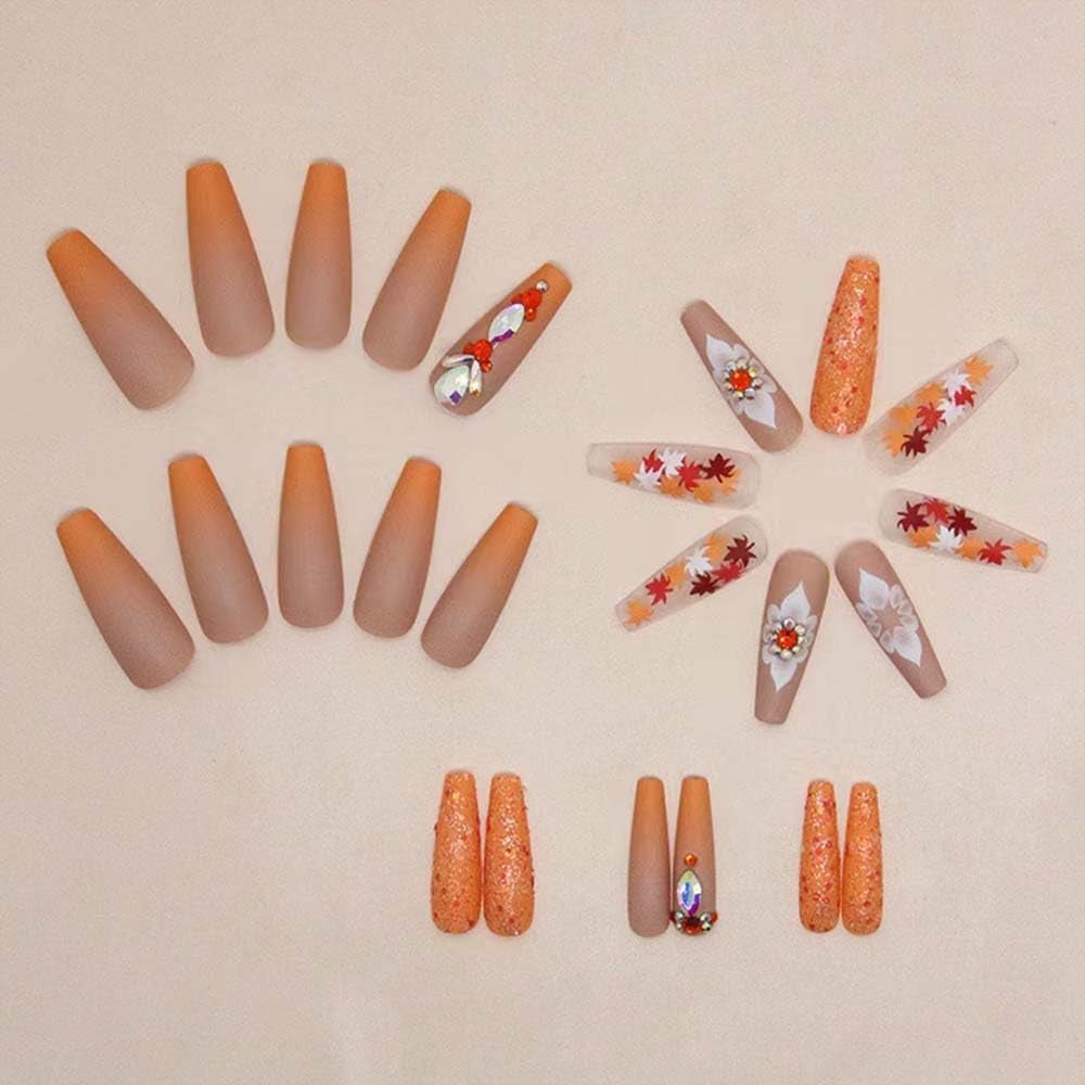 Fall Press on Long Coffin False Nails Orange Glitter Maple Leaf Rhinestones Stick on Glossy Full Cover Acrylic Glue on Nails for Thanksgiving Decorations