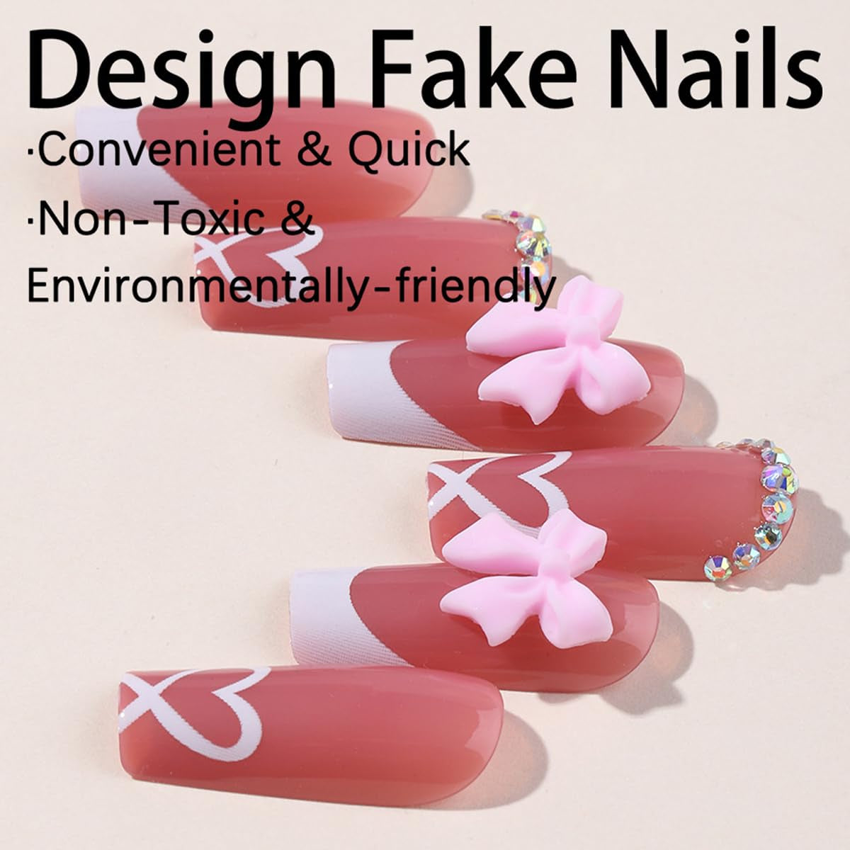 French Tip Press on Nails with Charms, Medium, Cute Bow, Long Square Shape, Acrylic Fake Stick on Nails with Heart and Rhinestones for Women Daily Wear, White
