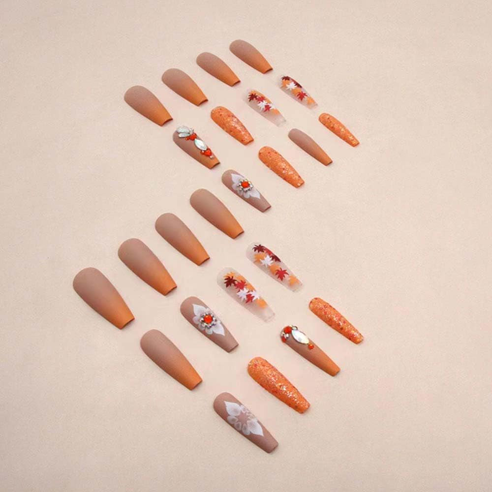 Fall Press on Long Coffin False Nails Orange Glitter Maple Leaf Rhinestones Stick on Glossy Full Cover Acrylic Glue on Nails for Thanksgiving Decorations