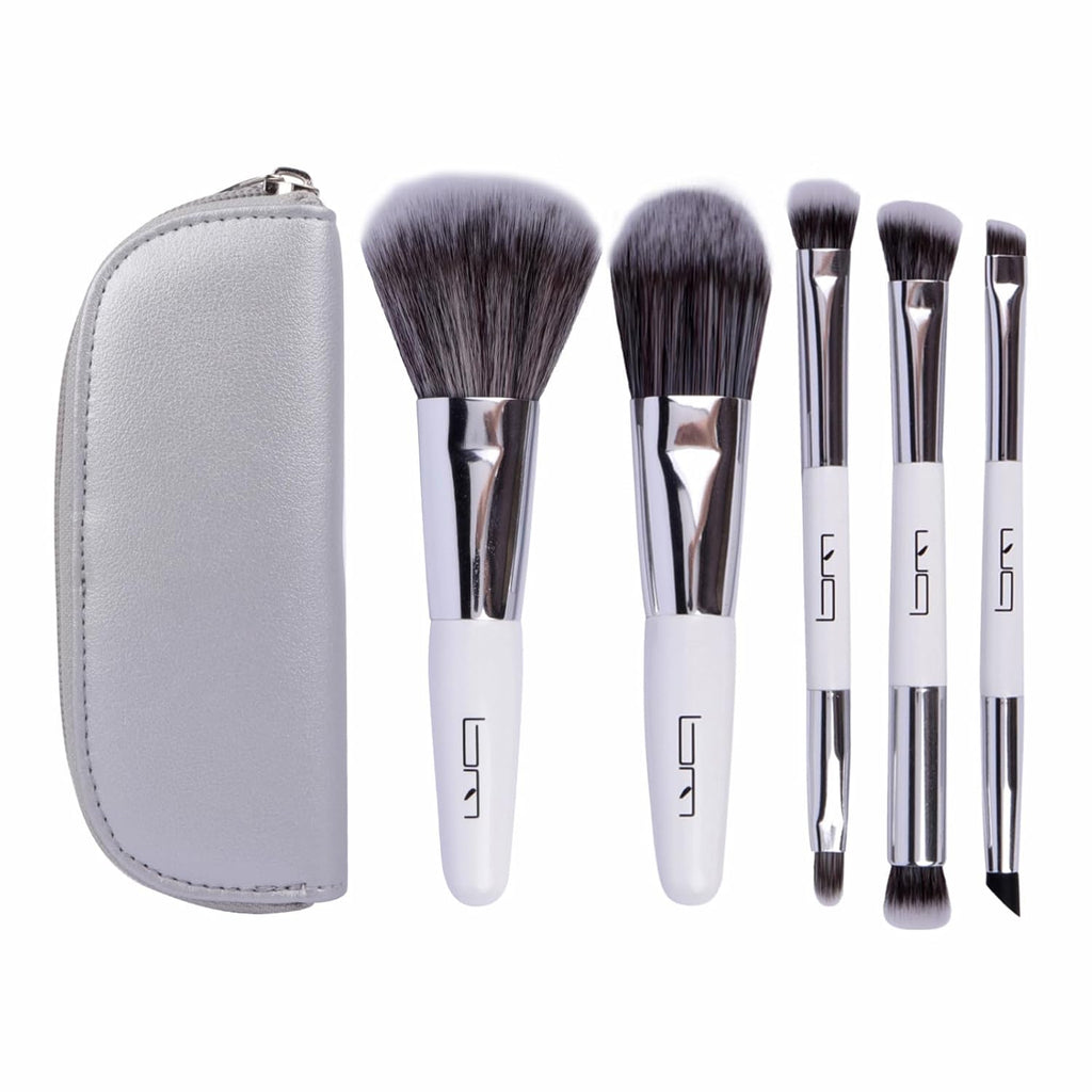 Travel Makeup Brushes Set W/Pouch, 5PCS Double Ended Portable Mini Cosmetic Brushes Kit for Foundation, Eyeshadow, Lip, Blush Make up Brushes Professional(White)