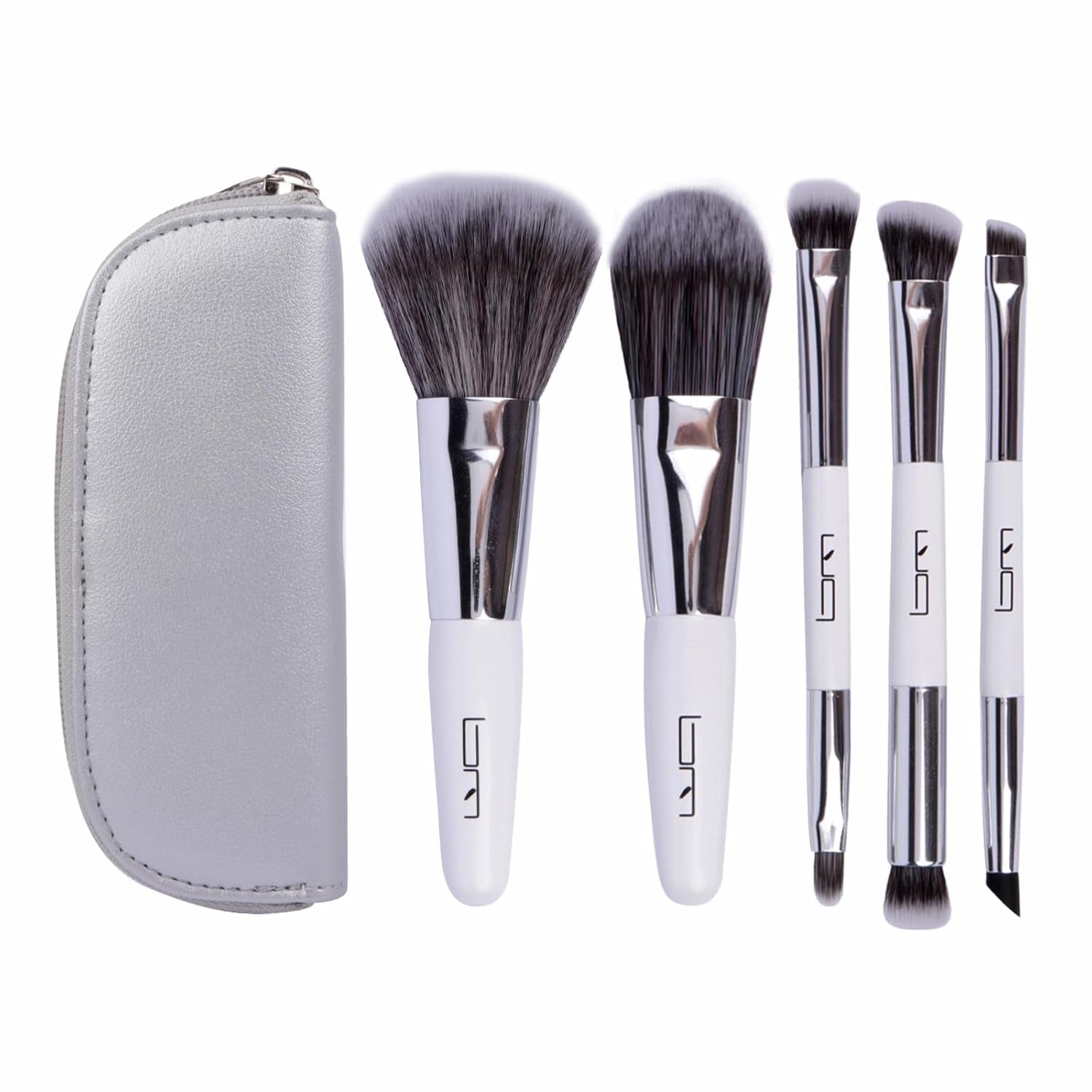 Travel Makeup Brushes Set W/Pouch, 5PCS Double Ended Portable Mini Cosmetic Brushes Kit for Foundation, Eyeshadow, Lip, Blush Make up Brushes Professional(White)