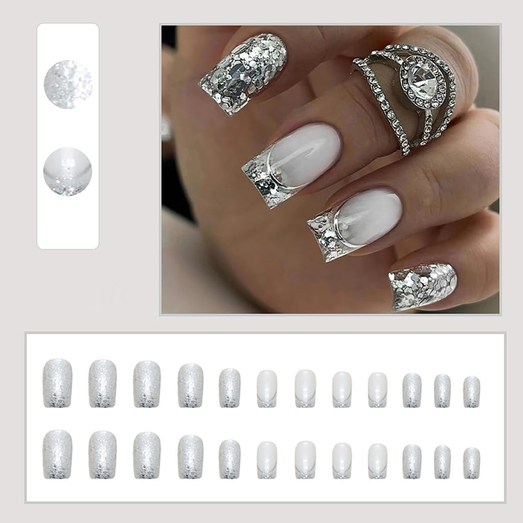 24 Pcs French Tip Press on Nails - Medium Square, Silver Glitter, Full Cover, Bling Sequins, Fake Nails - DIY