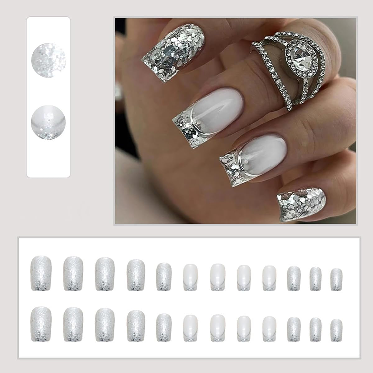 24 Pcs French Tip Press on Nails - Medium Square, Silver Glitter, Full Cover, Bling Sequins, Fake Nails - DIY