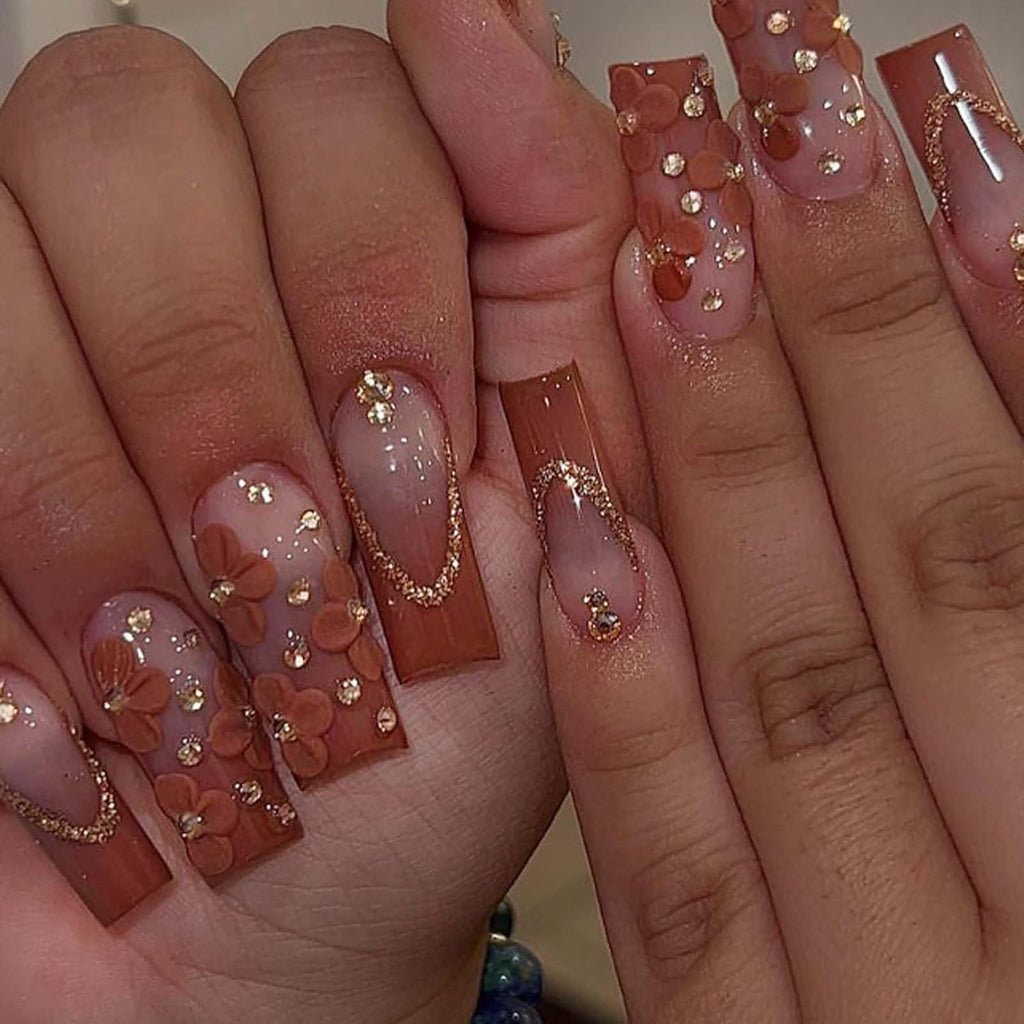 Gradient Press on Nails Medium Brown Fake Nails Tips Full Cover Square False Flower Nails for Women and Girls 24PCS