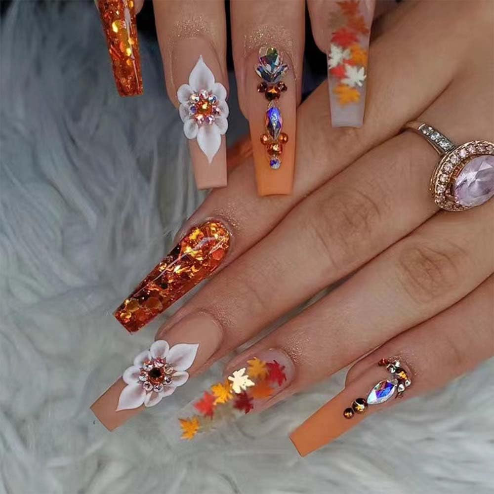 Fall Press on Long Coffin False Nails Orange Glitter Maple Leaf Rhinestones Stick on Glossy Full Cover Acrylic Glue on Nails for Thanksgiving Decorations