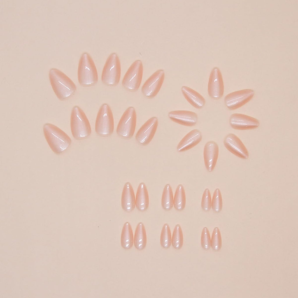 Almond Press on Nails Short Fake Nails Nude Glue on Nails with Designs Glossy Chrome False Nails French Almond Shaped Artificial Nails Reusable Stick on Nails for Women and Girls 24Pcs