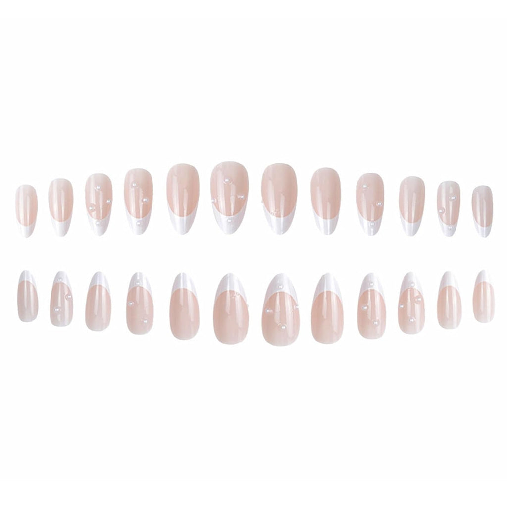 Almond Press on Nails,White French Tip Almond Nails Medium Fake/False Nails with Pearl Nails Press on Designs Acrylic Artificial Nails Stick on Nails for Women 24Pcs