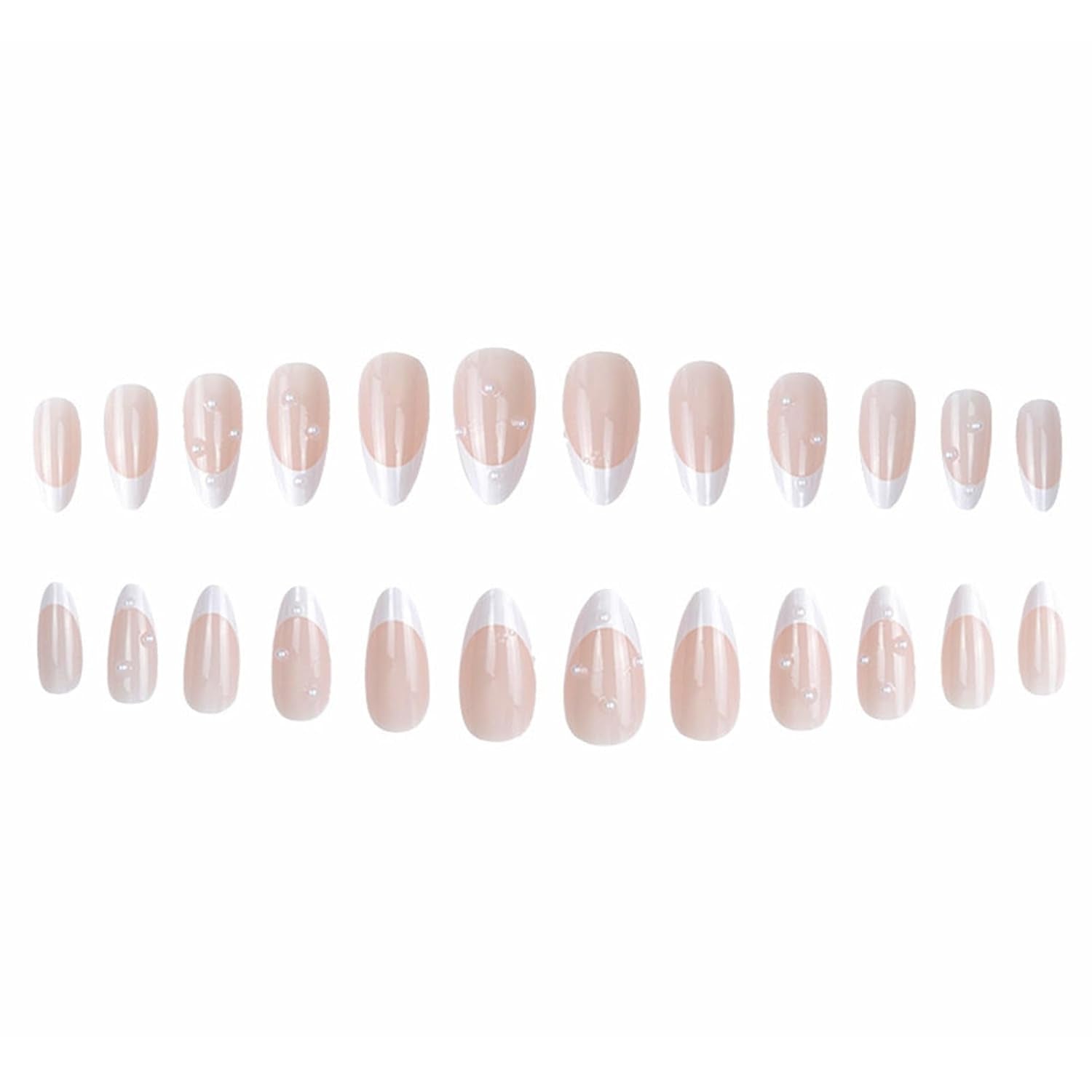 Almond Press on Nails,White French Tip Almond Nails Medium Fake/False Nails with Pearl Nails Press on Designs Acrylic Artificial Nails Stick on Nails for Women 24Pcs