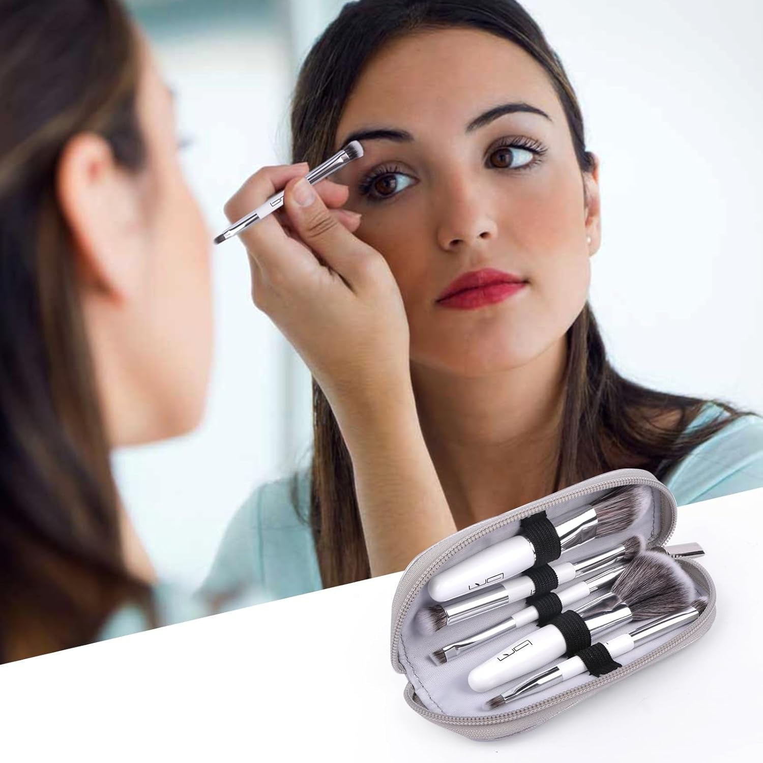 Travel Makeup Brushes Set W/Pouch, 5PCS Double Ended Portable Mini Cosmetic Brushes Kit for Foundation, Eyeshadow, Lip, Blush Make up Brushes Professional(White)