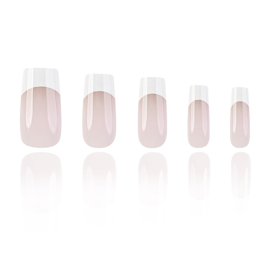 White French Tip Press on Nails Square Fake Nails Medium Length Nude Pink French Acrylic Full Cover Glossy Glue on Nails French Tip Nails False Nails Reusable Stick on Nails for Women Girls 24PCS