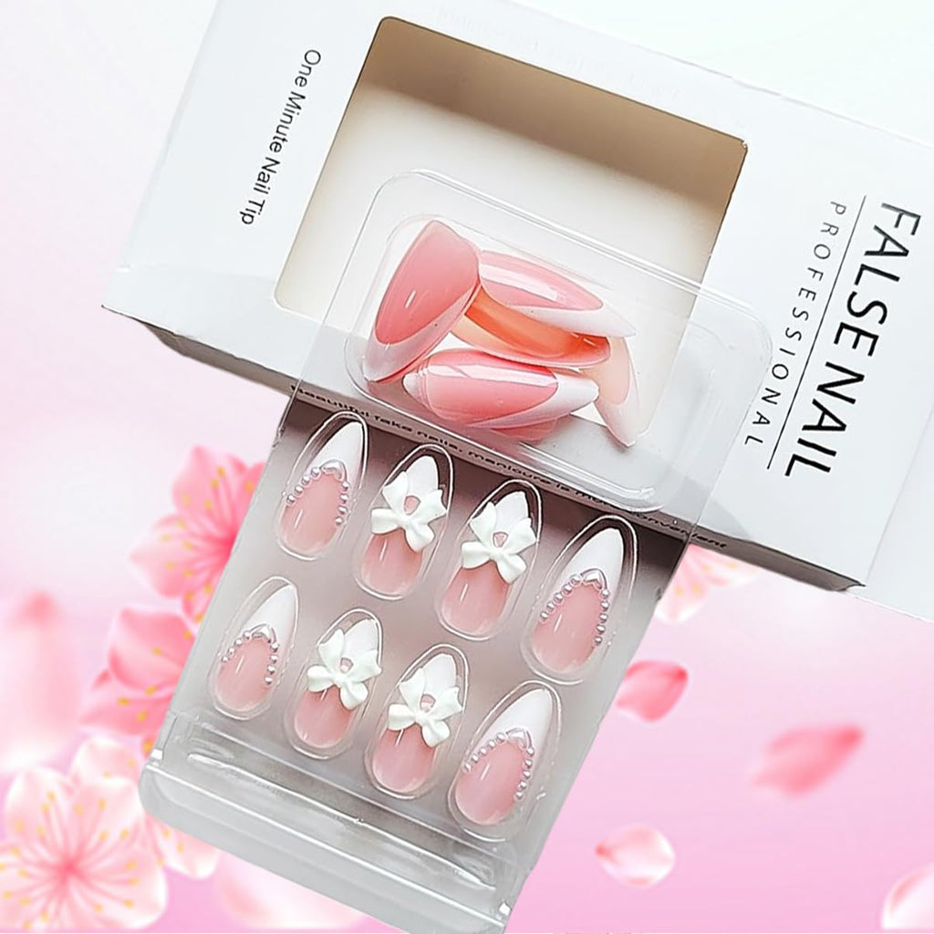 24Pcs Almond Shaped Artificial Nails - French Tips with Cute Bow Charms Design - Nude Pink Acrylic Nails for Women & Girls